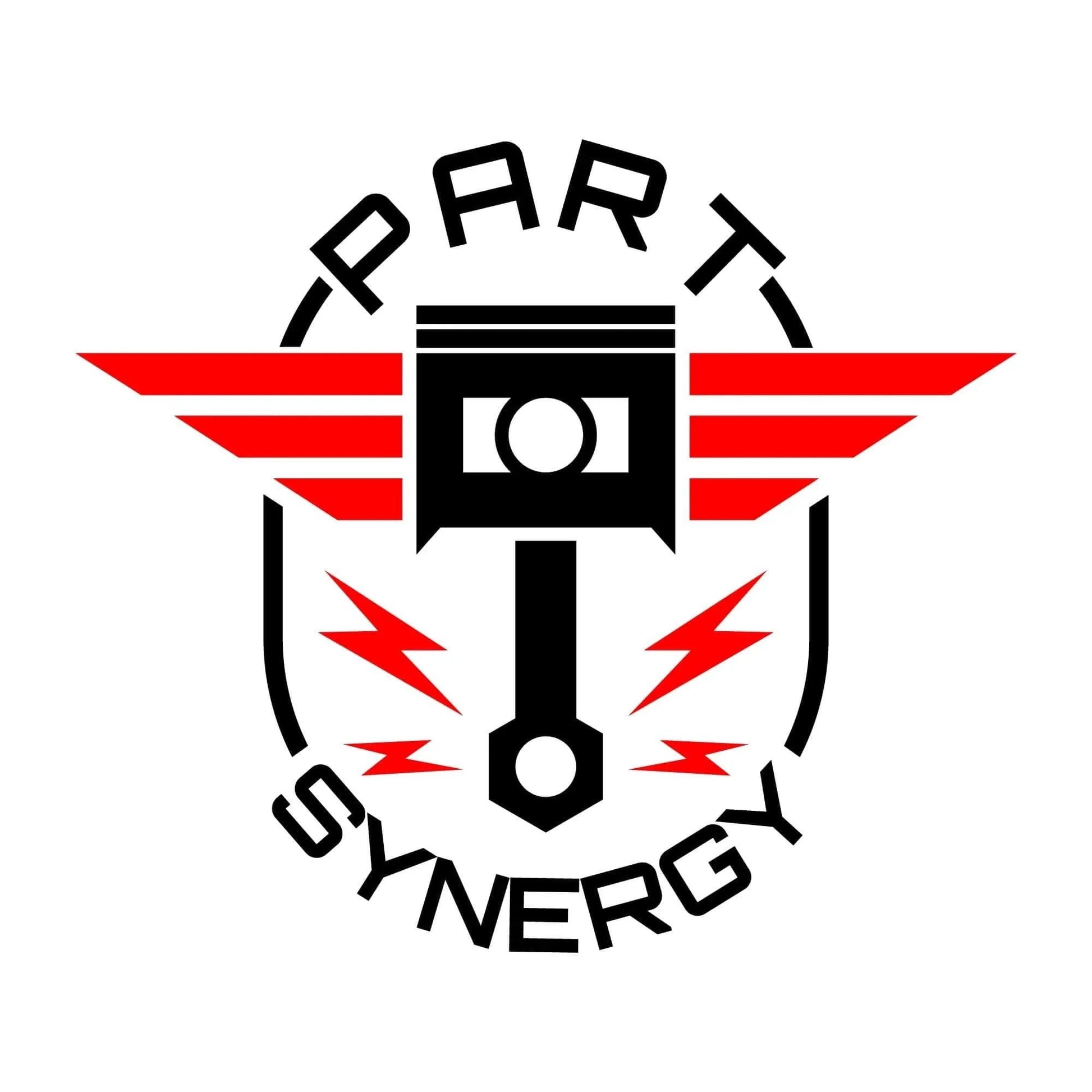 Part Synergy logo with red wings and piston illustration, emphasizing automotive parts and performance engineering.
