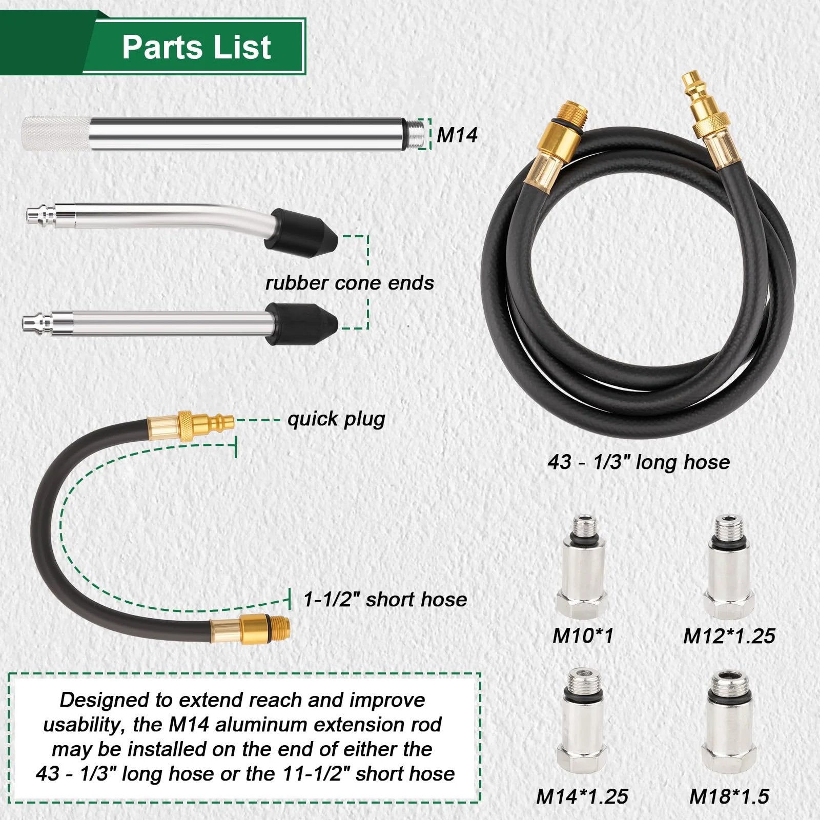 Parts list for All In One Cylinder Leak Down Tester Kit, includes hoses and adapters with rubber cone ends, quick plug and extension rods.