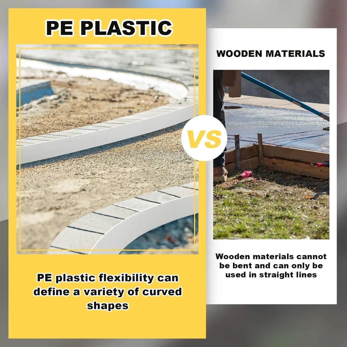 Comparison of flexible PE plastic vs wooden materials for concrete forming, showcasing Five Piece Flexible Plastic Concrete Form Set For Walkways 4x76 Inches Flatwork Curb Edging Tools For Paving Garden Walkways And Casting Stone Molds And Edging For Landscaping Projects.