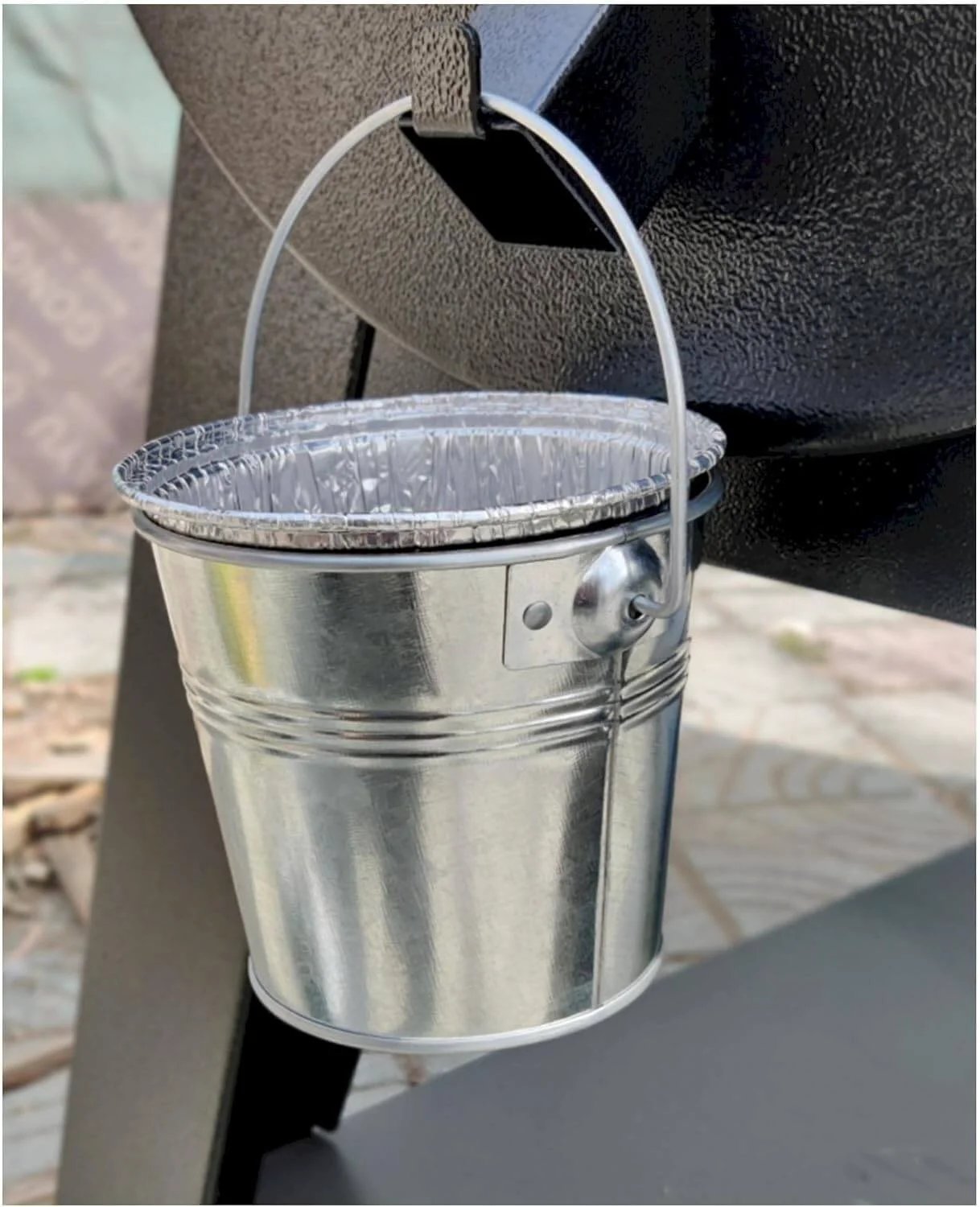 Pellet Grill Grease Bucket with 12pcs Drip Liners fit for Camp Chef/Traeger/Pit Boss/Z Grills Wood Pellet Grill installed view