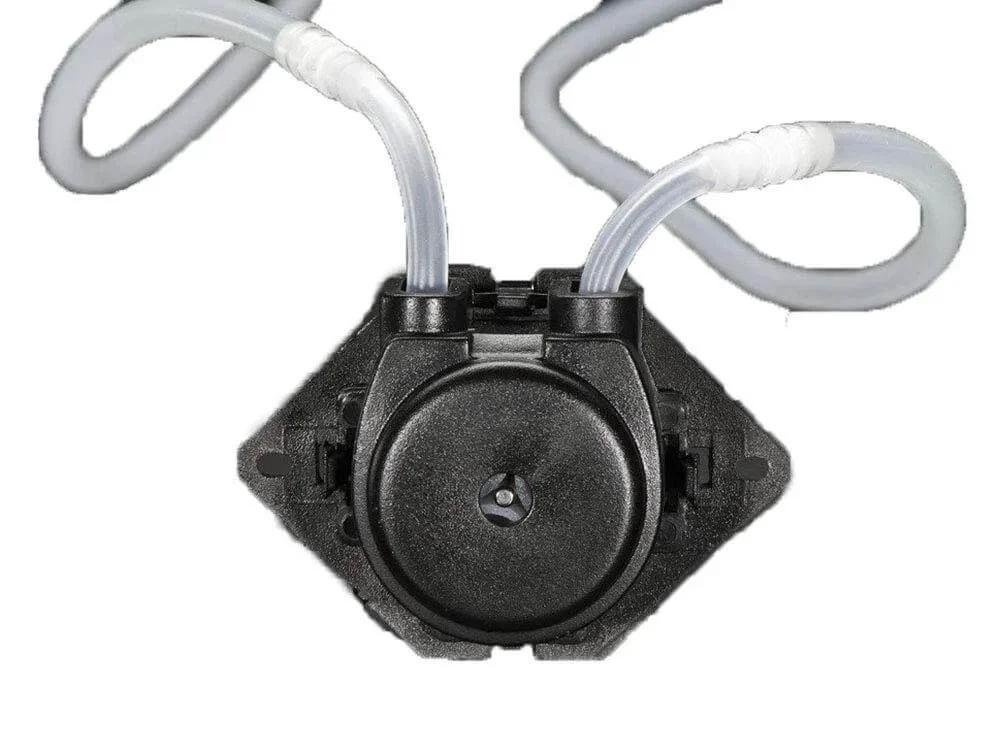 Front view of Peristaltic Liquid Pump 12V DC Hose Pump Dosing Head with Silicone Tubing, showing tubing connections and compact design.