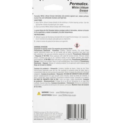 Back view of Permatex 80345 White Lithium Grease, 1.5 oz packaging showing instructions and warnings.