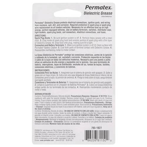 Back view of Permatex 81150 Dielectric Tune-Up Grease, 0.33 oz. Tube, Silver packaging displaying instructions and product details.