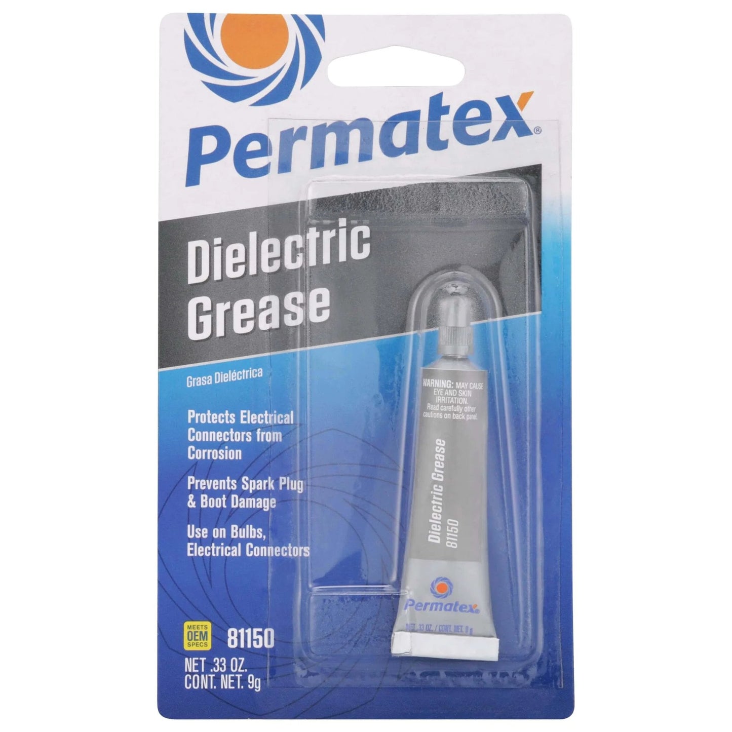 Permatex 81150 Dielectric Tune-Up Grease, 0.33 oz. Tube, Silver in packaging, shown against white background.