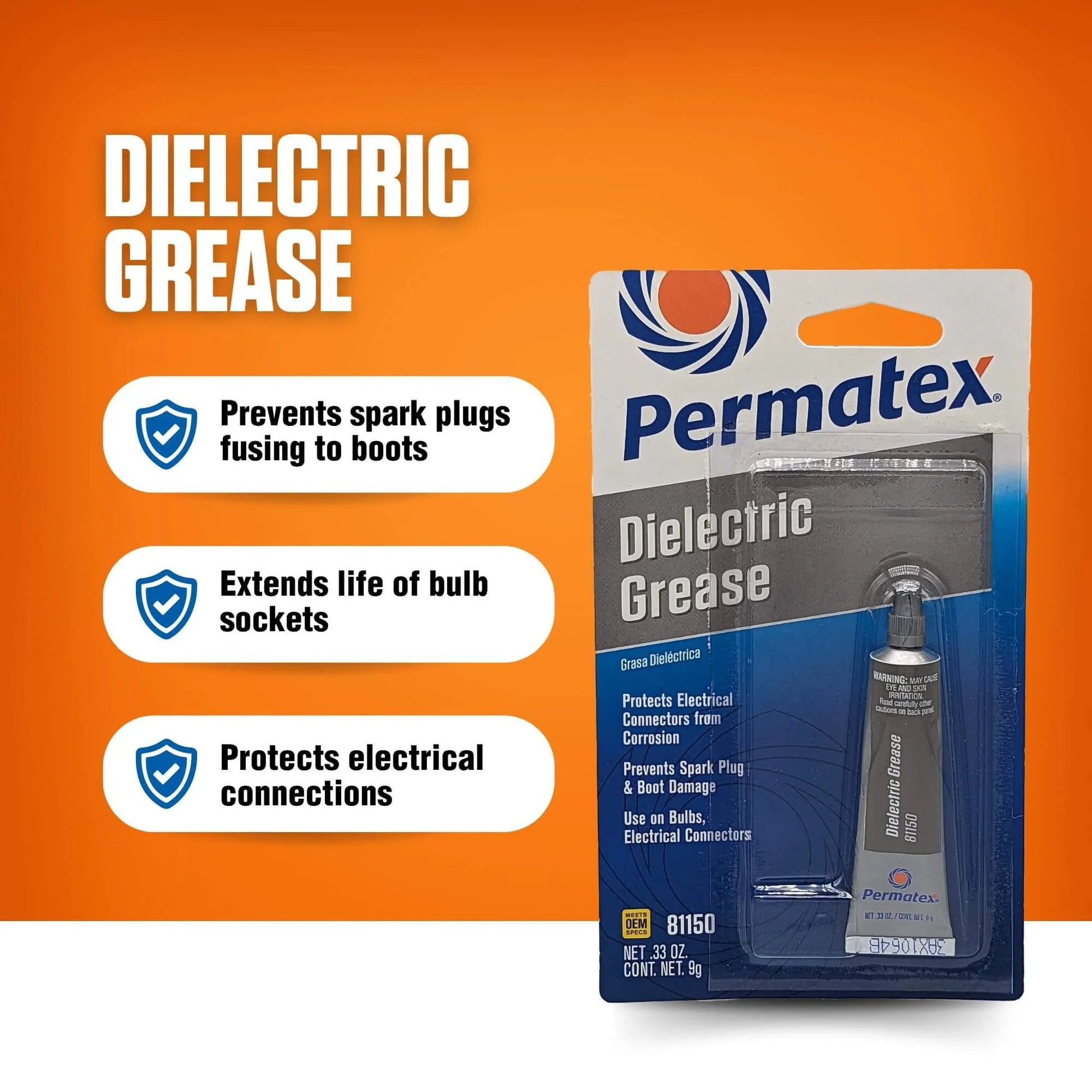Permatex 81150 Dielectric Tune-Up Grease, 0.33 oz. Tube, Silver in retail packaging with product benefits highlighted.
