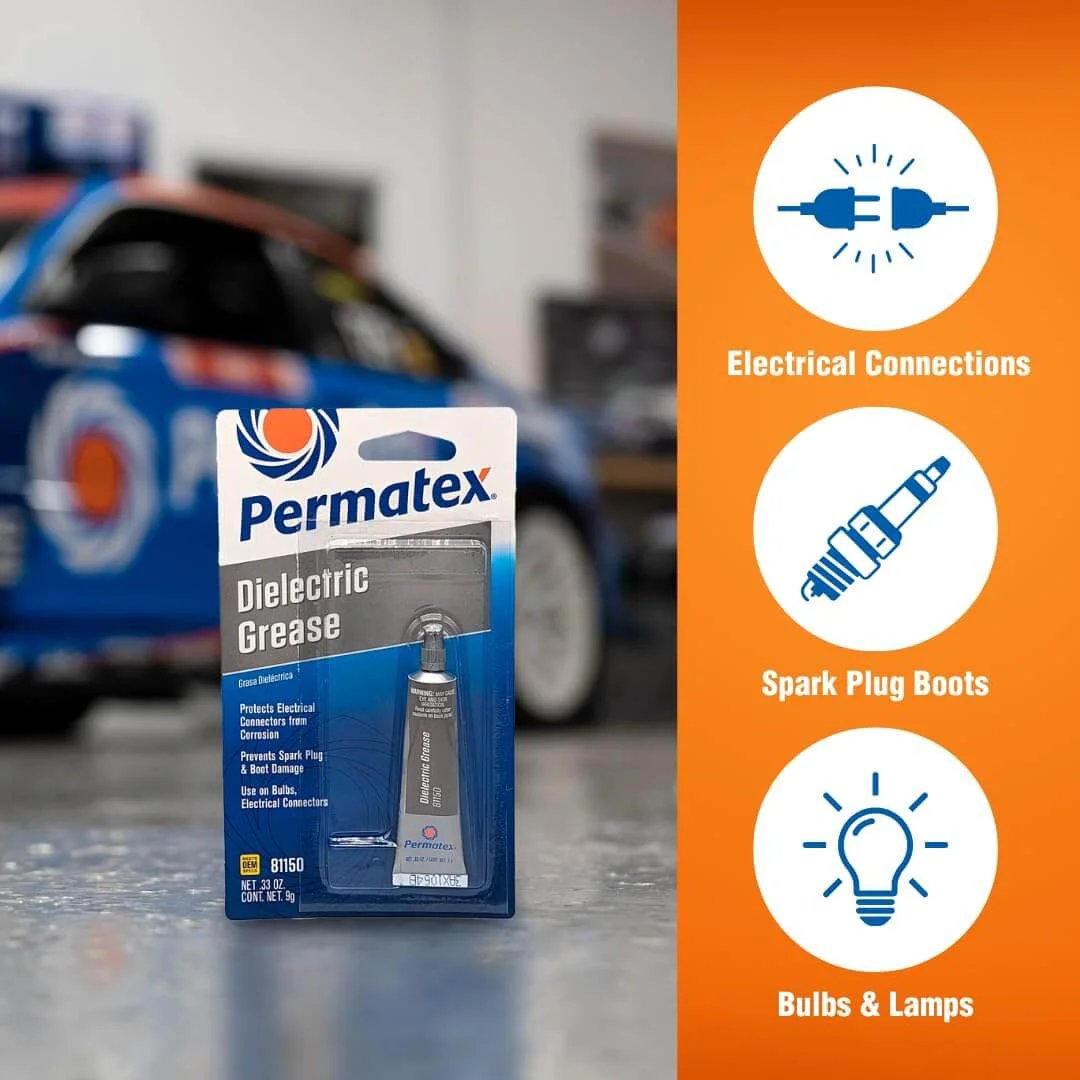 Permatex 81150 Dielectric Tune-Up Grease, 0.33 oz Tube, in packaging with car and usage icons in background
