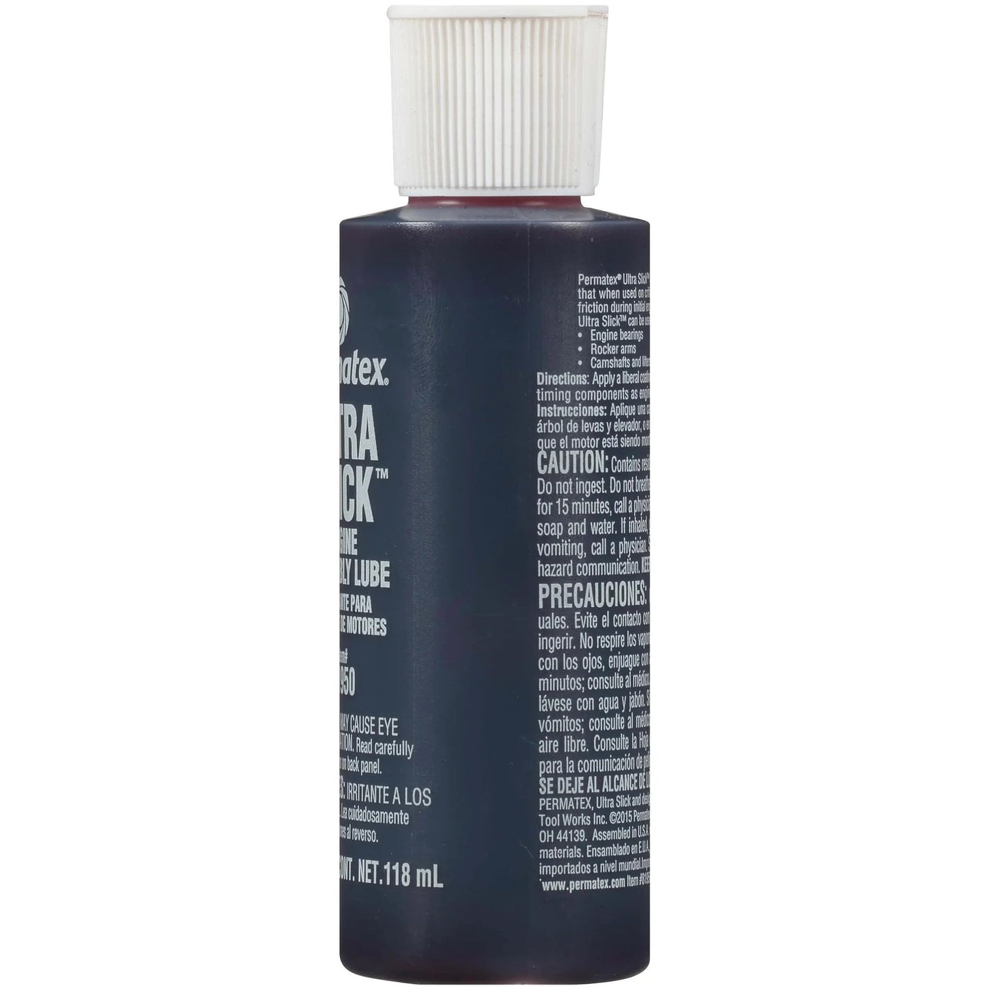 Side view of Permatex 81950 Ultra Slick Engine Assembly Lube, 4 oz. , Red bottle with label and instructions visible