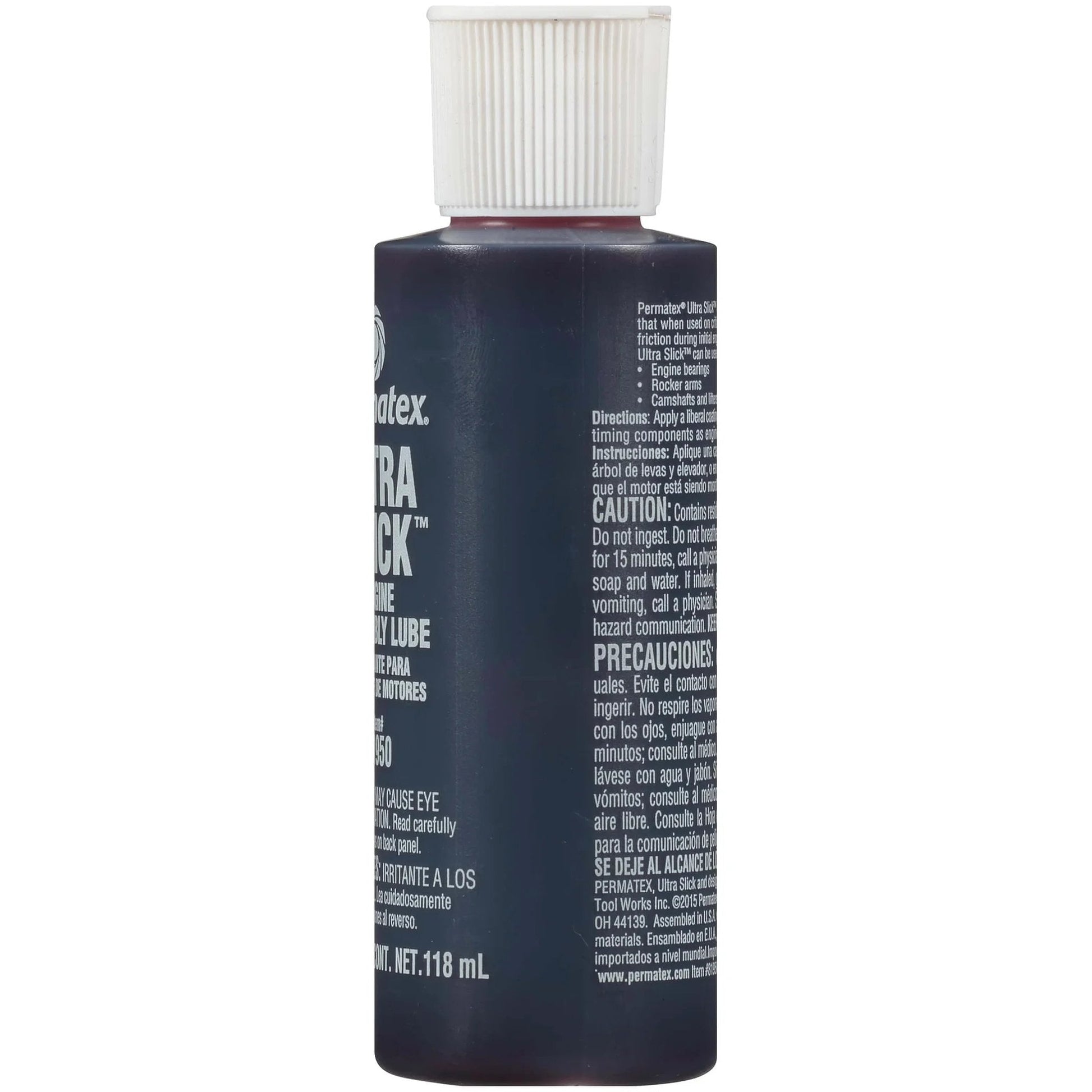 Side view of Permatex 81950 Ultra Slick Engine Assembly Lube, 4 oz. , Red bottle with label and instructions visible
