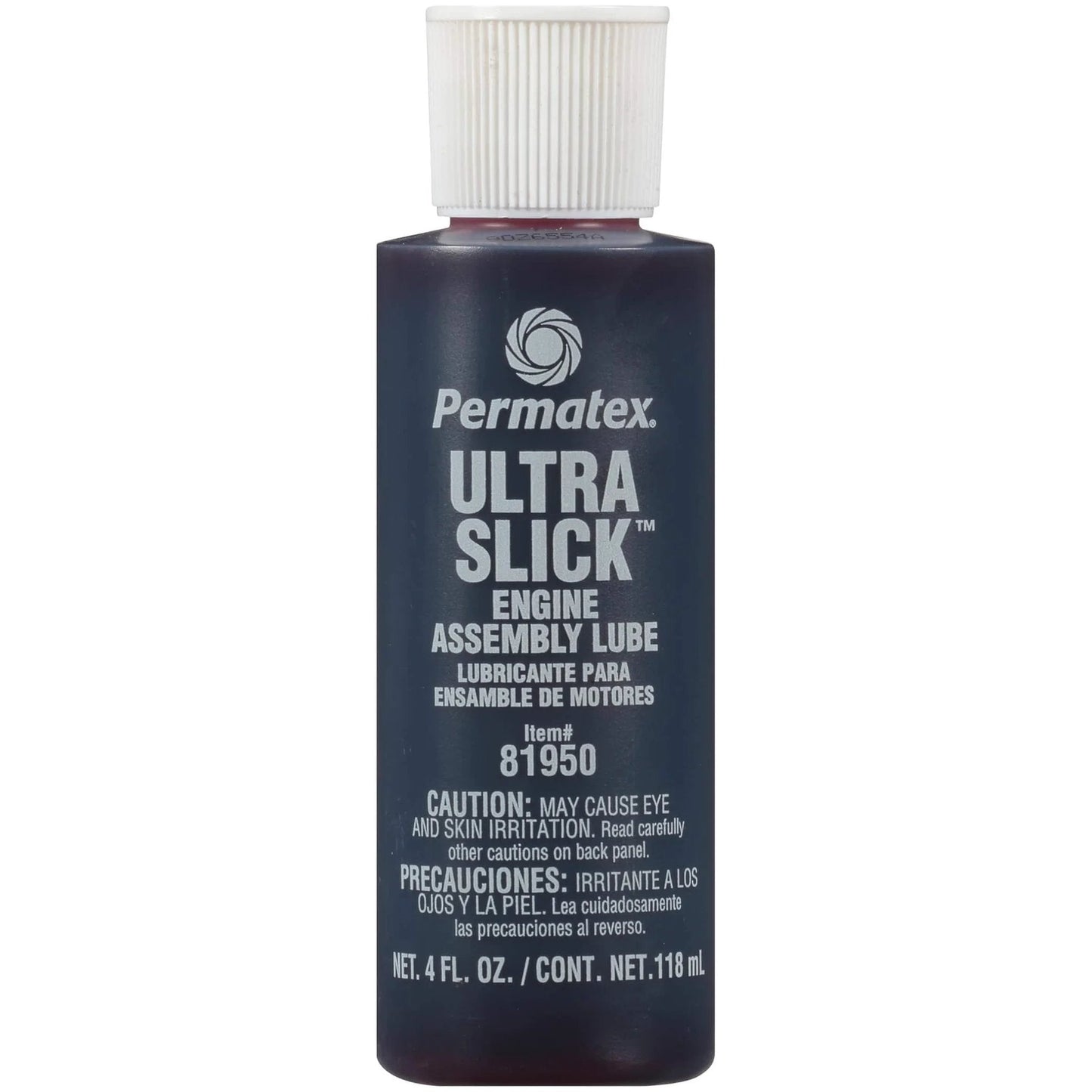 Front view of Permatex 81950 Ultra Slick Engine Assembly Lube, 4 oz., Red bottle with label showing product details.