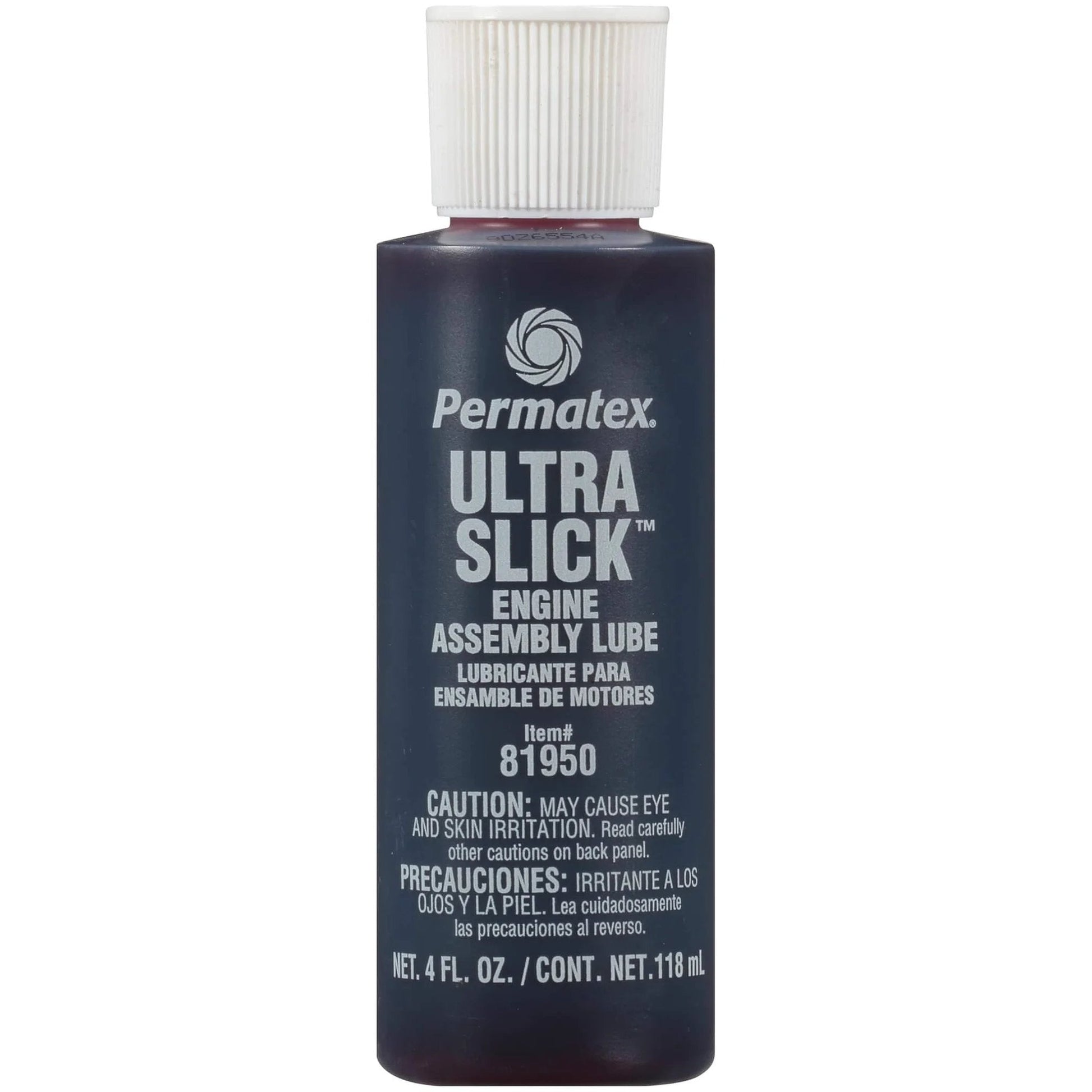 Front view of Permatex 81950 Ultra Slick Engine Assembly Lube, 4 oz., Red bottle with label showing product details.