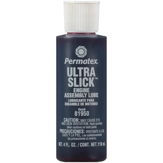 Front view of Permatex 81950 Ultra Slick Engine Assembly Lube, 4 oz., Red bottle with label showing product details.