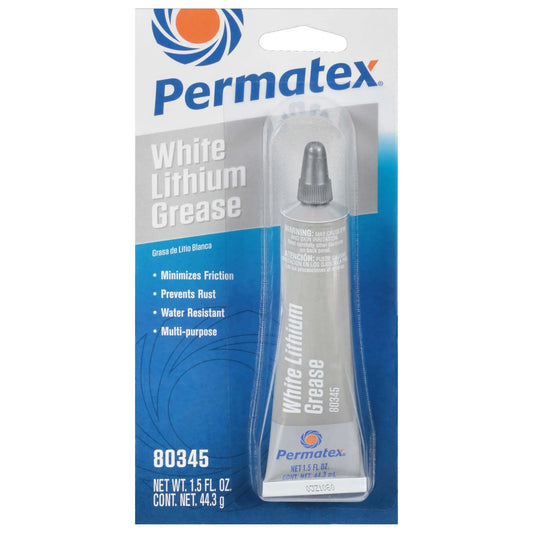 Front view of Permatex 80345 White Lithium Grease, 1.5 oz in packaging, showing product and brand details.