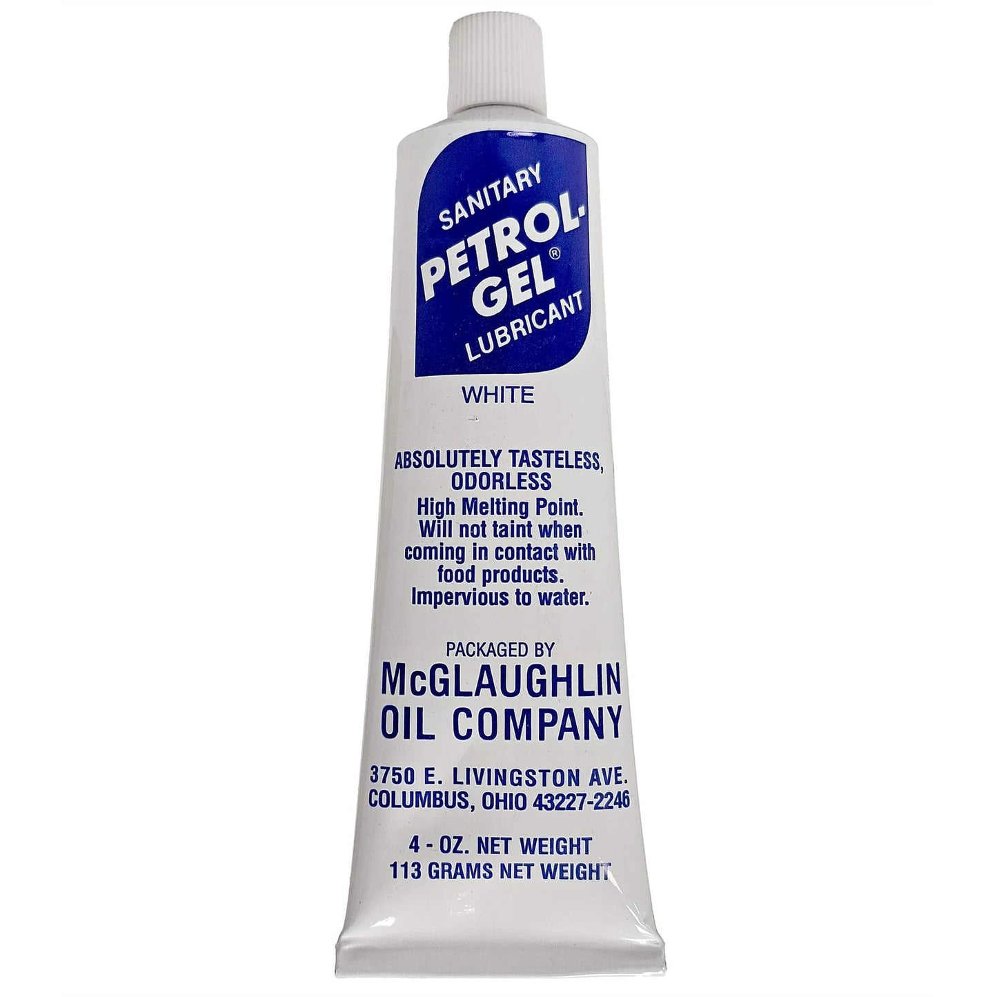 Front view of a 4 oz tube of Petrol-Gel Lubricant, 4oz by McGlaughlin Oil Company suitable for food processors.