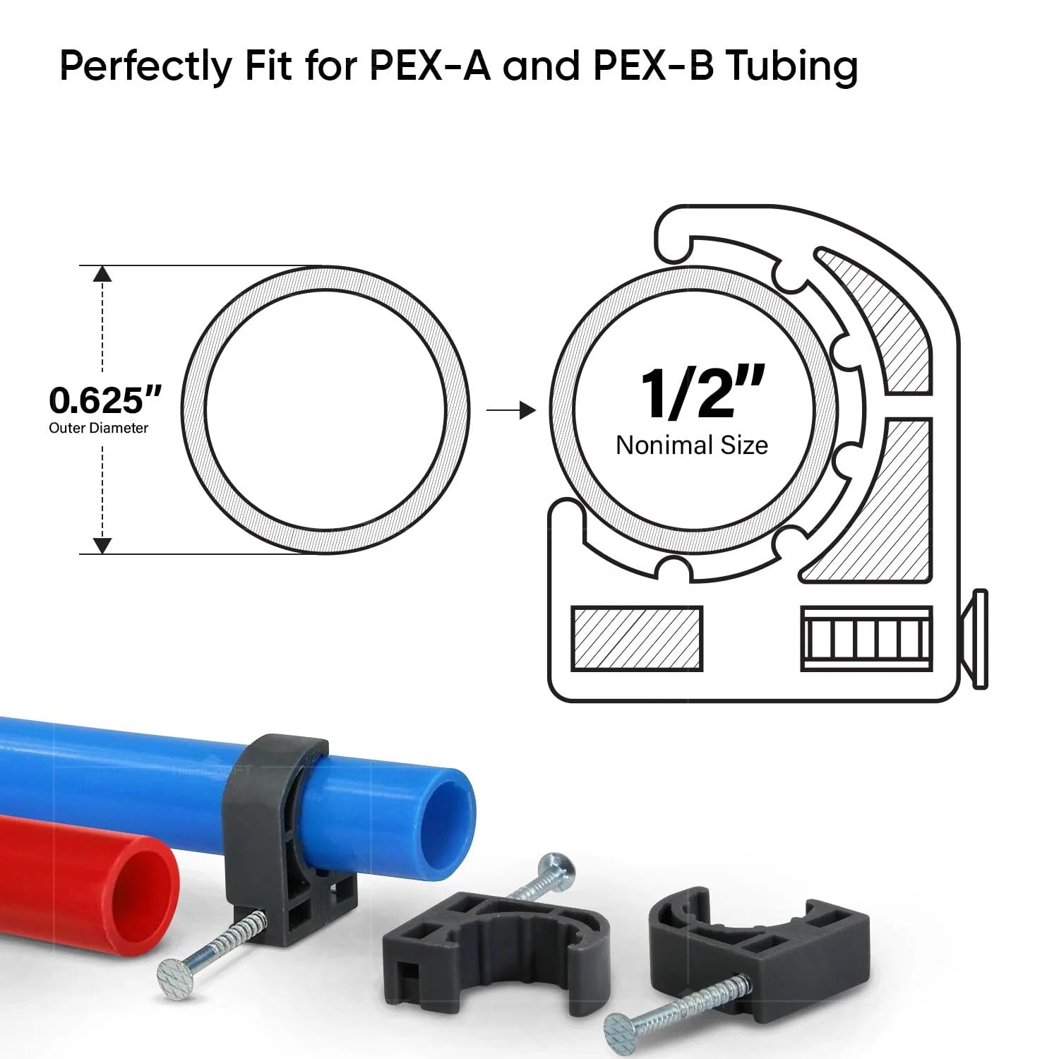 Half Clamp With Nail For Pex Tubing Support One Half Inch Black Durable Plastic Clip displayed with PEX tubing.
