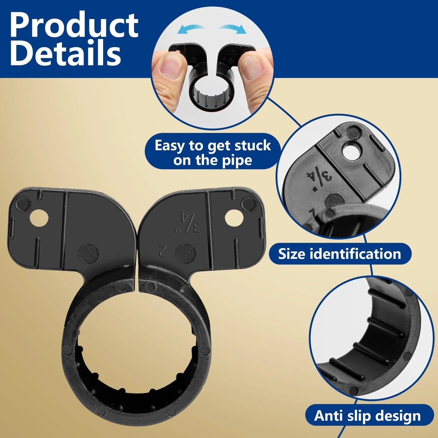 Close-up of Heavy Duty Three Quarters Inch Suspension Pipe Clamps Set Butterfly Style PEX Tubing Clamps showing size identification and anti-slip features.