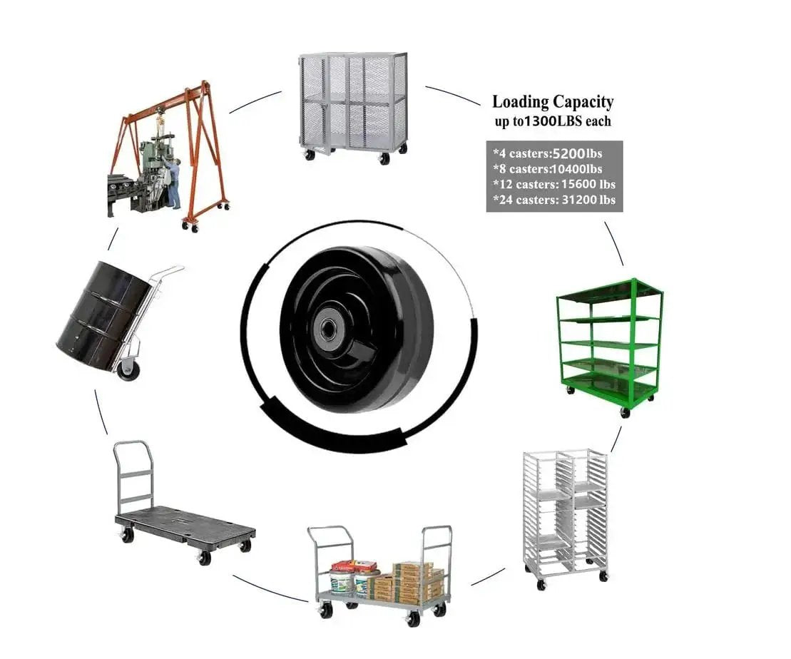 Phenolic Wheel With Flat Tread In 4 Inch 5 Inch Or 6 Inch Diameters And 2 Inch Width For Medium To Heavy Duty Use With Half Inch Roller Bearings Capable Of Up To 1300 Lbs And Temperature Range From Minus 65 Fahrenheit To 275 Fahrenheit surrounded by carts and trolleys images