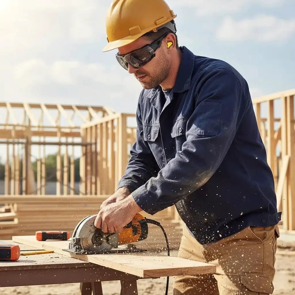 Construction worker using saw wearing Photochromic Safety Glasses With Wraparound Lenses And Removable Foam Gasket