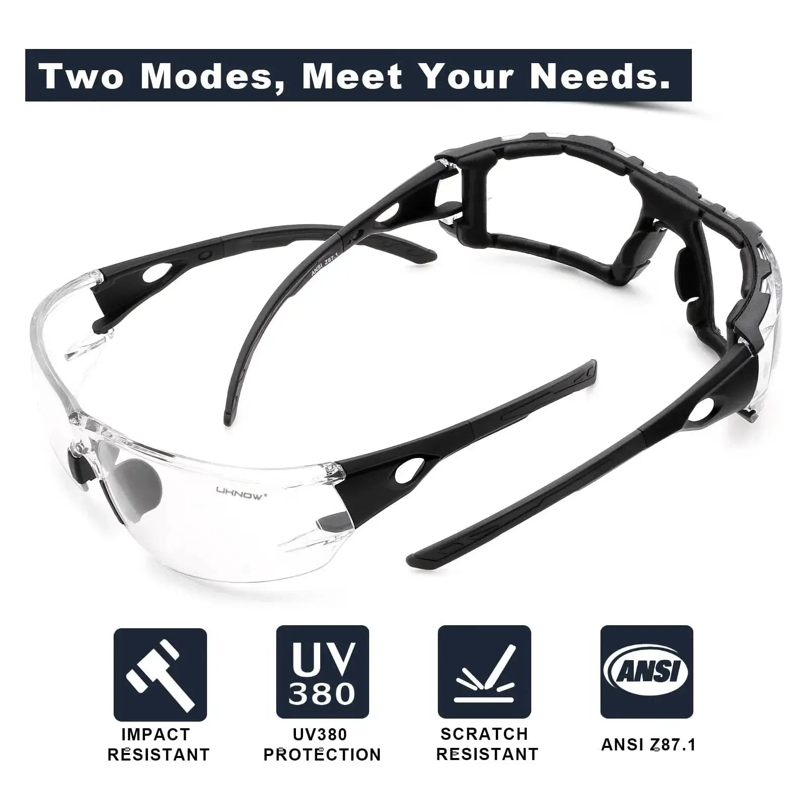 Photochromic Safety Glasses With Wraparound Lenses And Removable Foam Gasket shown in front view, impact resistant.