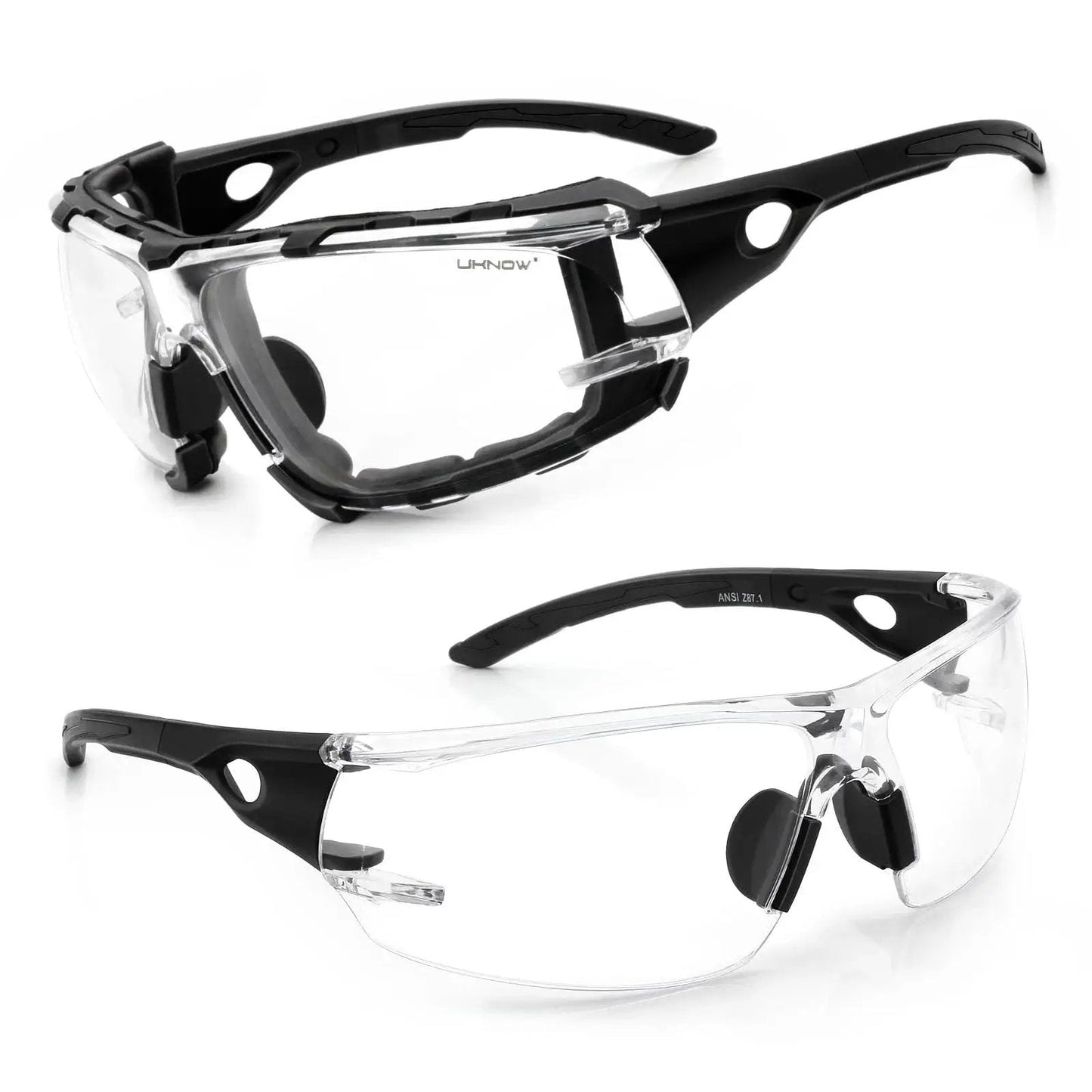 Photochromic Safety Glasses With Wraparound Lenses And Removable Foam Gasket, black frame, shown from different angles.