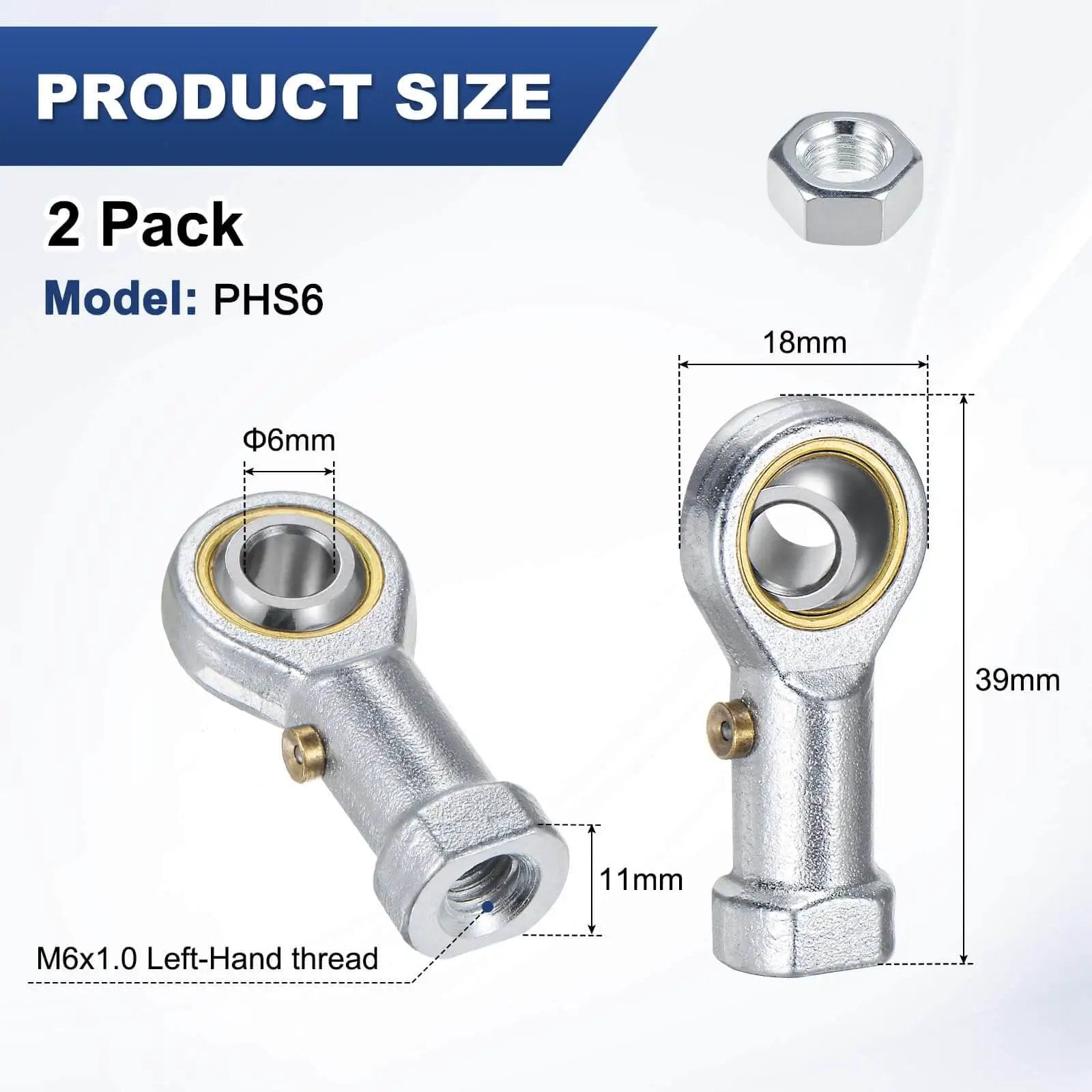 2-Pack PHS6 Rod End Bearing With M6x1.0 Left-Hand Thread Self-Lubricating Female Thread Steel Joint Details
