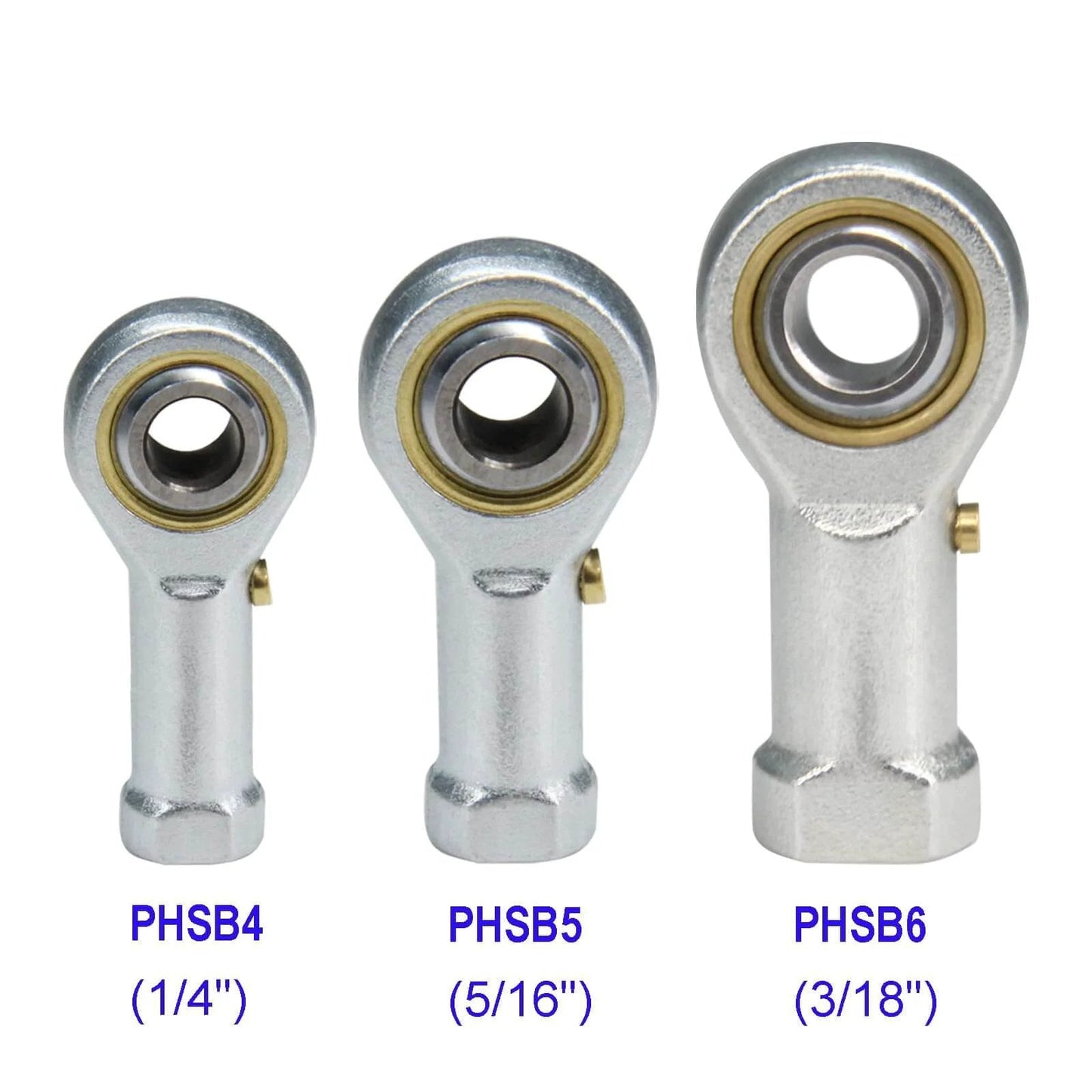 Three sizes of PHSB rod end bearings, including PHSB4 Rod End Bearings with 1/4 Inch Bore and 1/4-28 Right Hand Female Thread, front view.