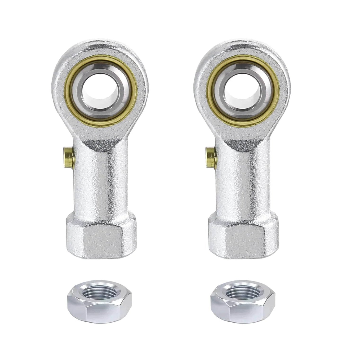 Front view of 2pcs PHSB4 Rod End Bearing with 1/4 Inch Bore and 1/4-28 Right Hand Female Thread, shown with jam nuts.