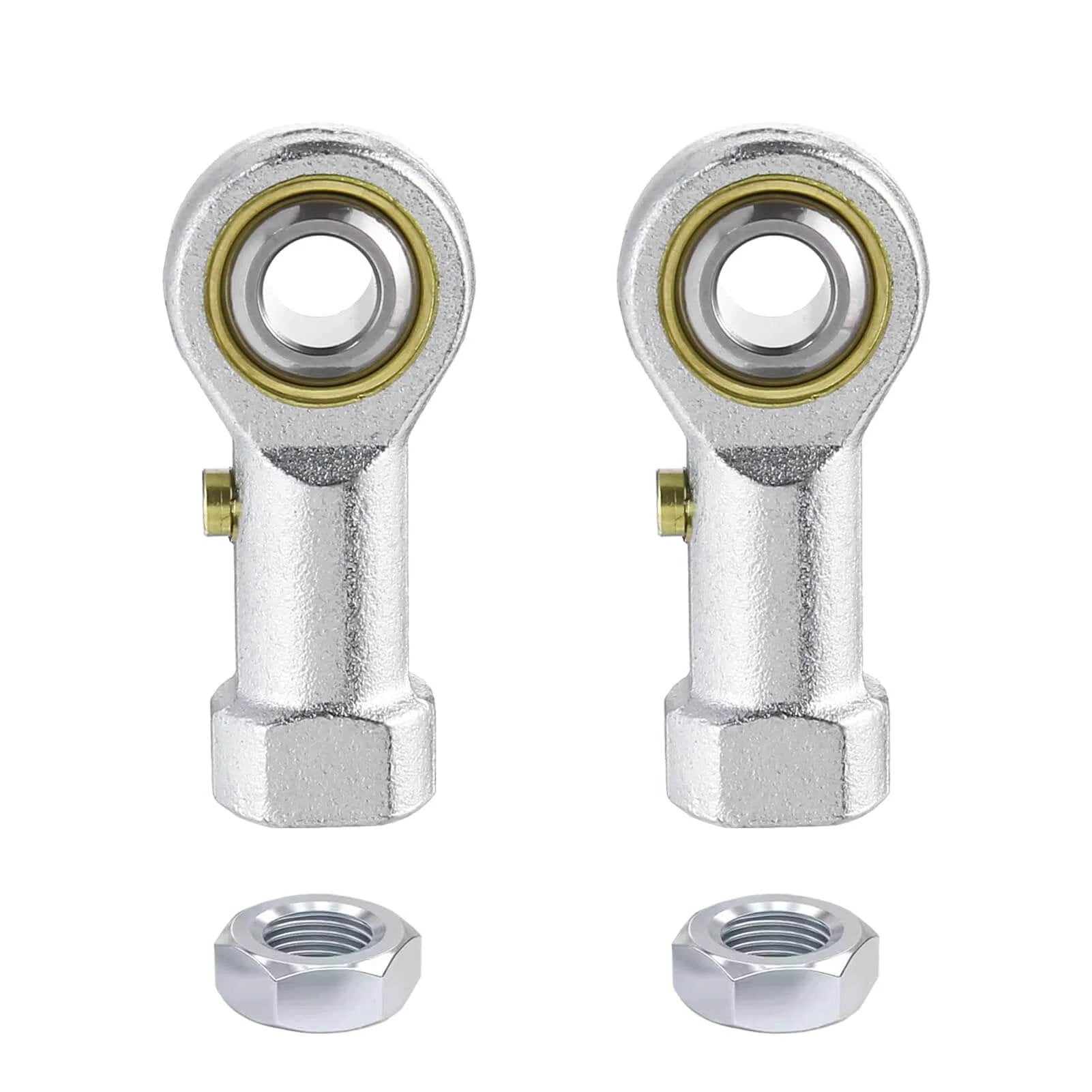 Front view of 2pcs PHSB4 Rod End Bearing with 1/4 Inch Bore and 1/4-28 Right Hand Female Thread, shown with jam nuts.