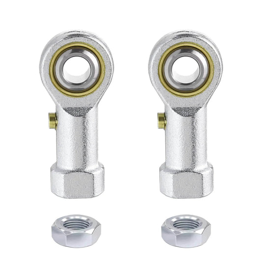 Front view of 2pcs PHSB4 Rod End Bearing with 1/4 Inch Bore and 1/4-28 Right Hand Female Thread, shown with jam nuts.
