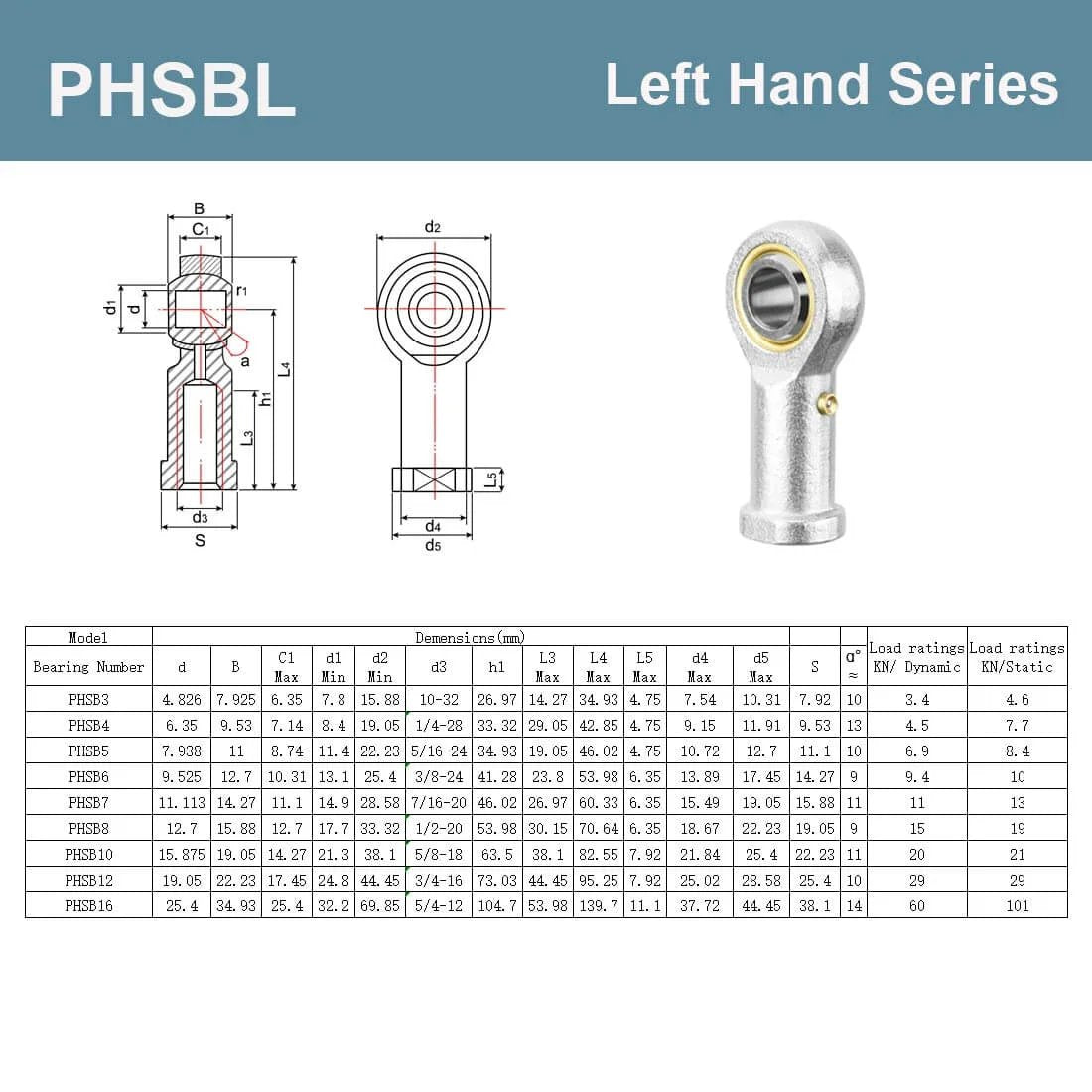 Technical diagram and specifications of PHSB7L rod end bearing kit, 7/16 inch bore with 7/16-20 left hand female thread