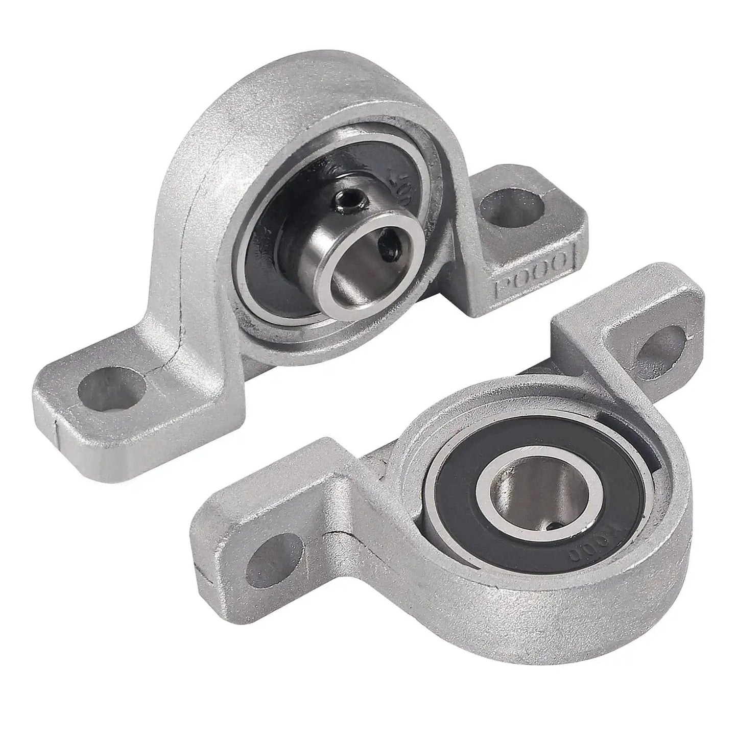 Two Six Pack KP000 10mm Pillow Block Bearing Self Aligning Mounted Flanges made of zinc alloy for machinery conveying systems, close-up view.