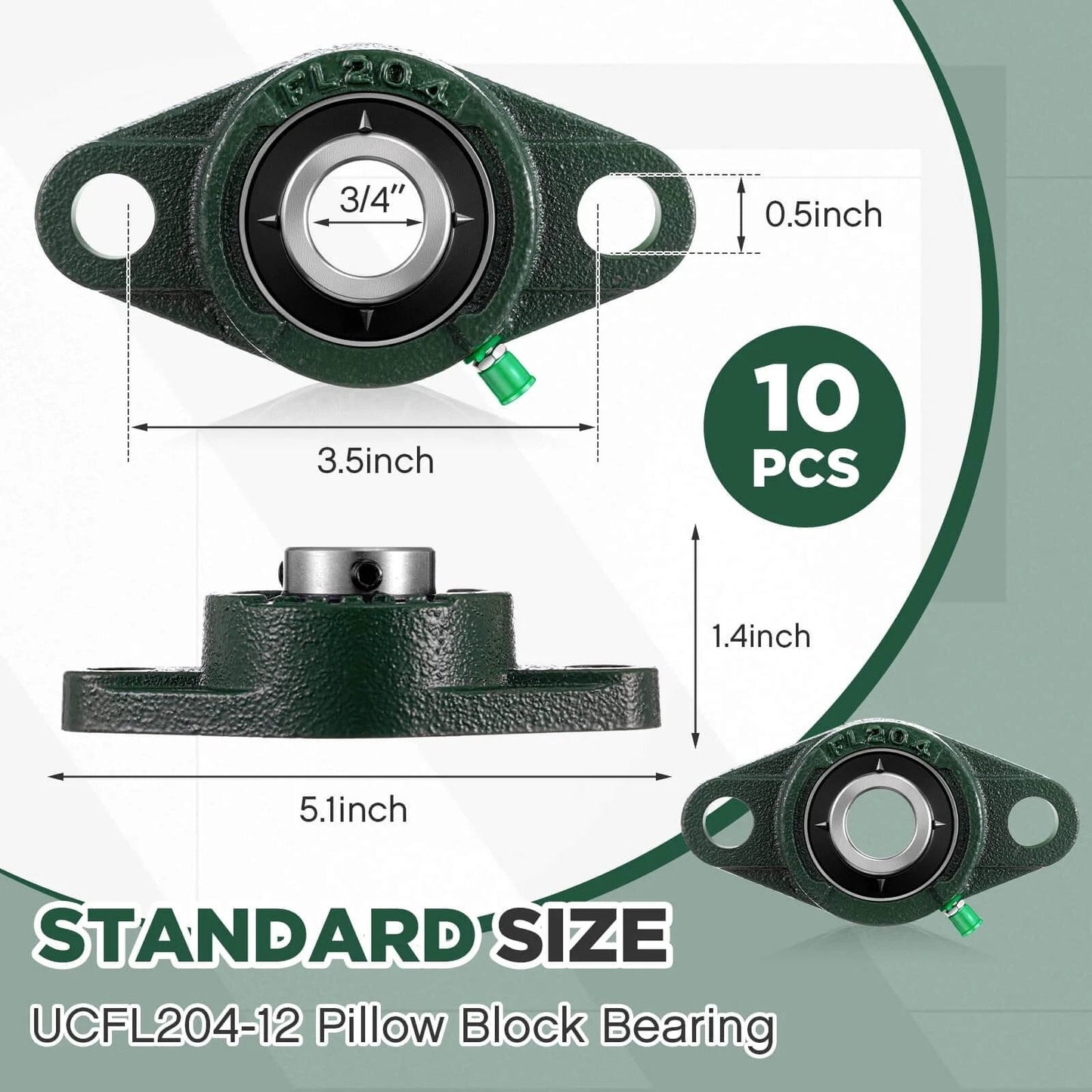 Diagram of 10 Pack UCFL204-12 Pillow Block Bearing 3/4 in Bore Shaft with measurements and cast iron flange mount.