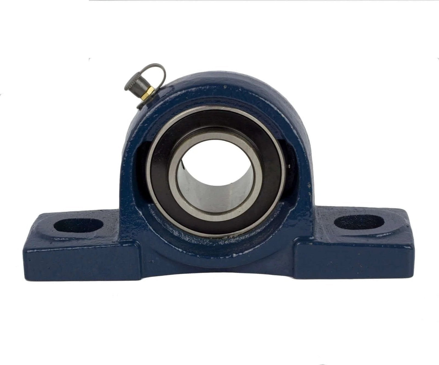 UCP205-16 Pillow Block Bearing front view, 1 inch bore, 2 bolt flange mounted, solid cast iron base, self-alignment feature