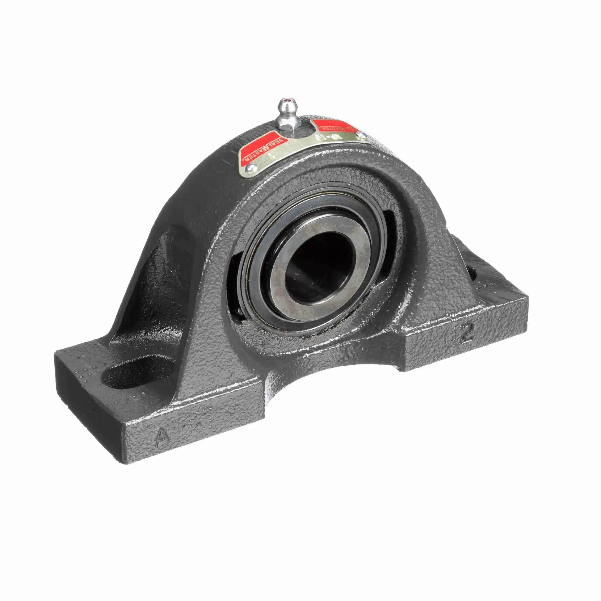 Durable Sealmaster MP-16 mounted pillow block bearing with cast iron housing, front view, showing easy two-bolt mounting feature.