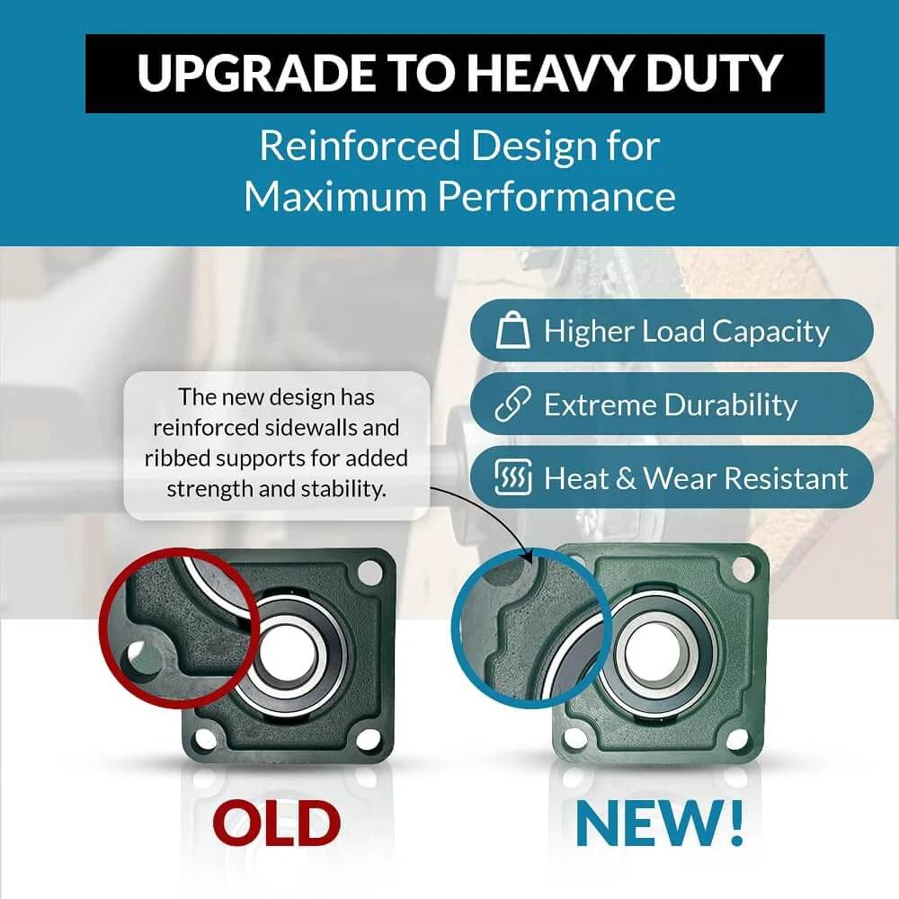 Comparison of old vs. new UCF205-16 Pillow Block Bearing design highlighting reinforced structure and features.
