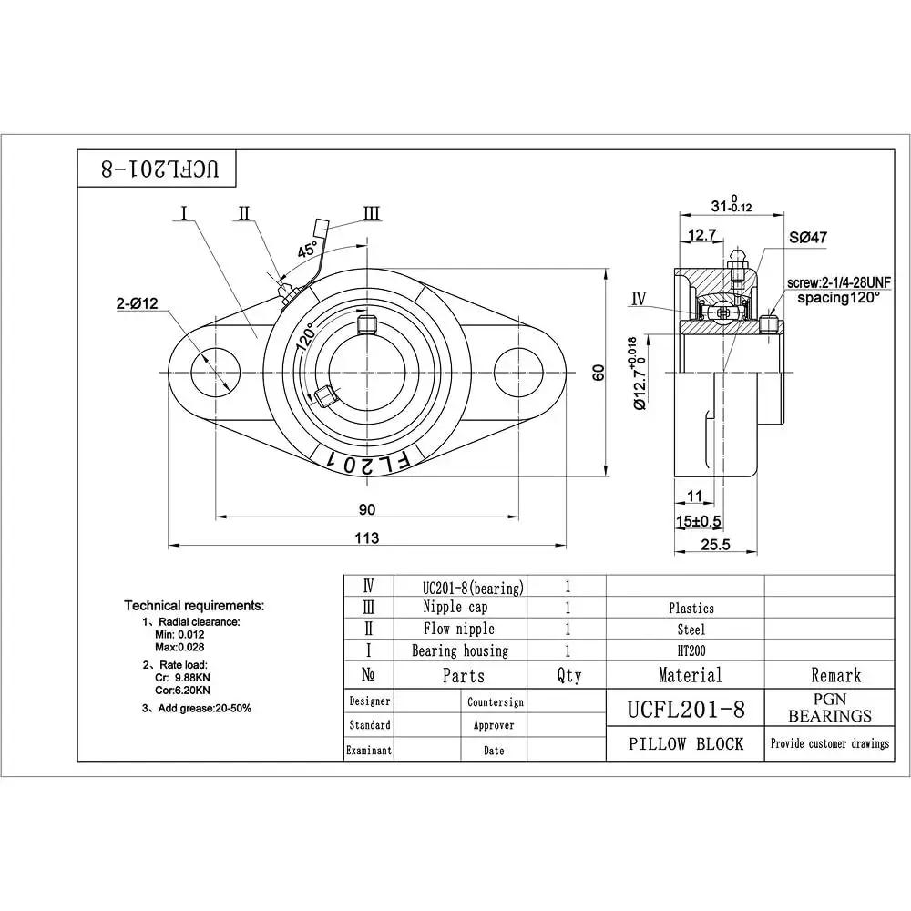 Technical drawing of heavy duty pillow block bearing pack of four, flange mounted self aligning chrome steel bearings with one half inch bore