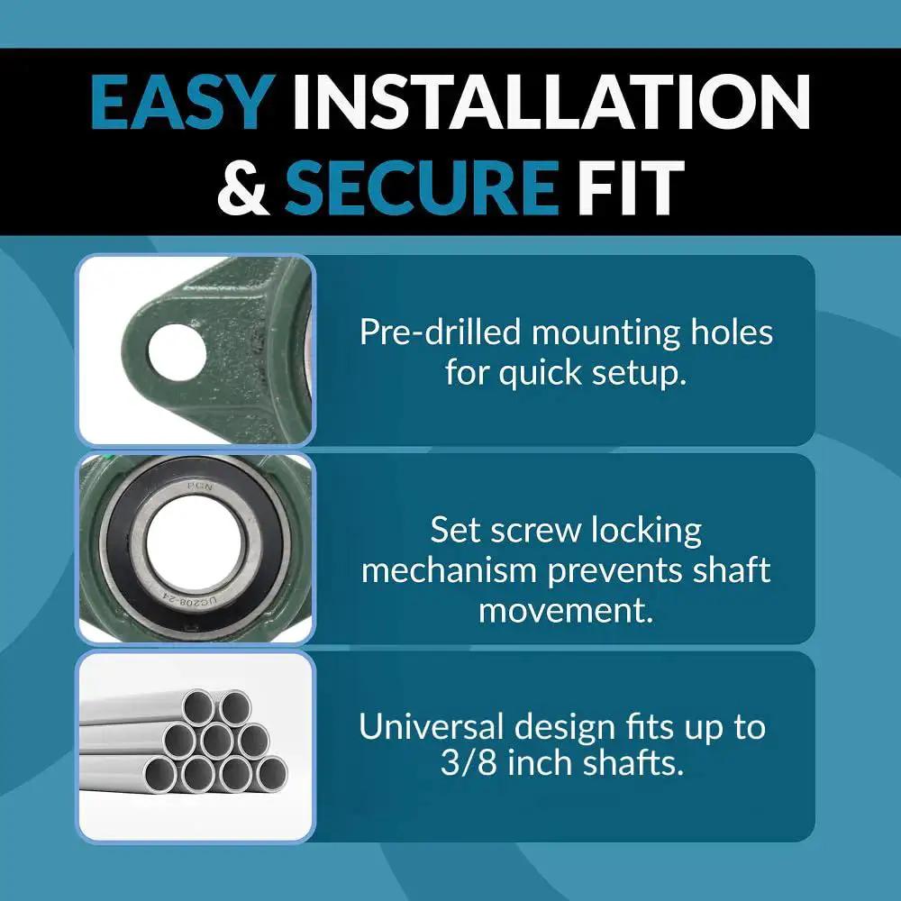 Diagram of heavy duty pillow block bearing features, flange mount, pre-drilled holes, set screw lock, fits 3/8 inch shafts, industrial use.