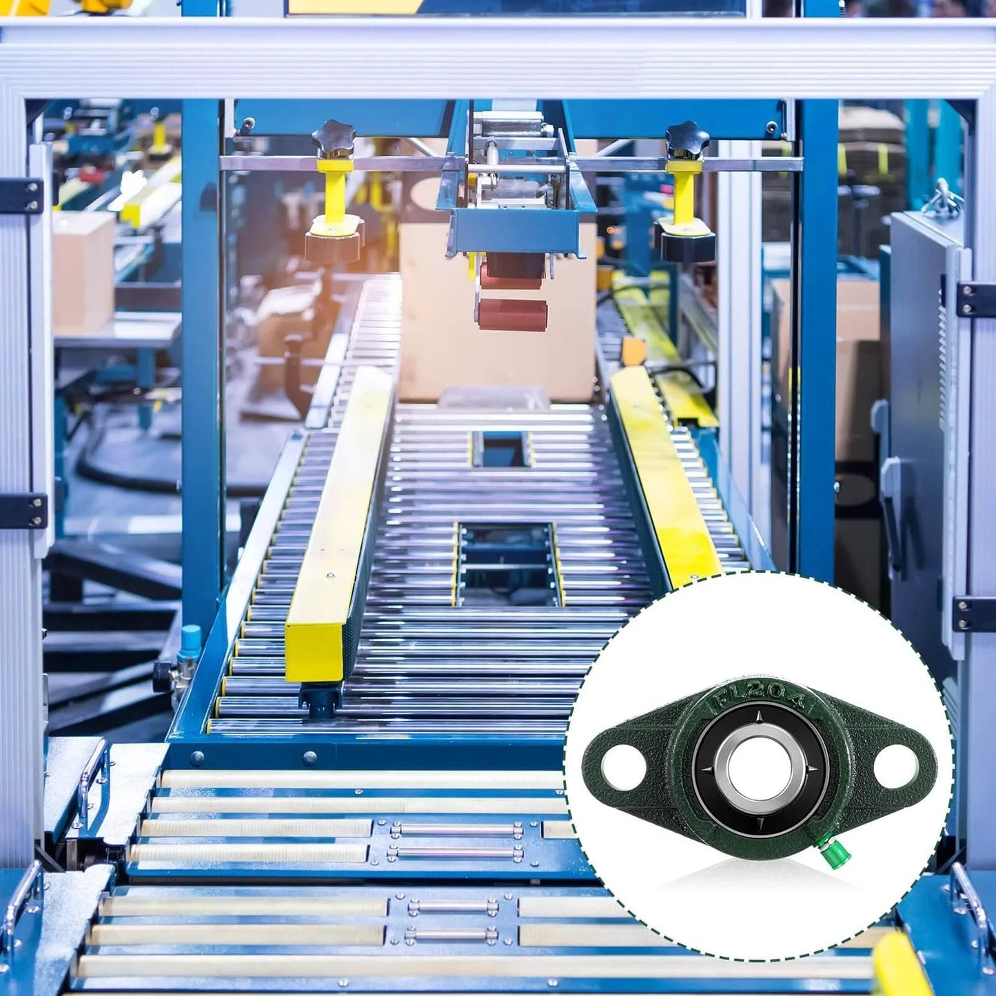 10 Pack UCFL204-12 Pillow Block Bearing 3/4 in Bore Shaft Flange Mount Ball Bearing Unit 2-Bolt, shown in industrial setting with machine.