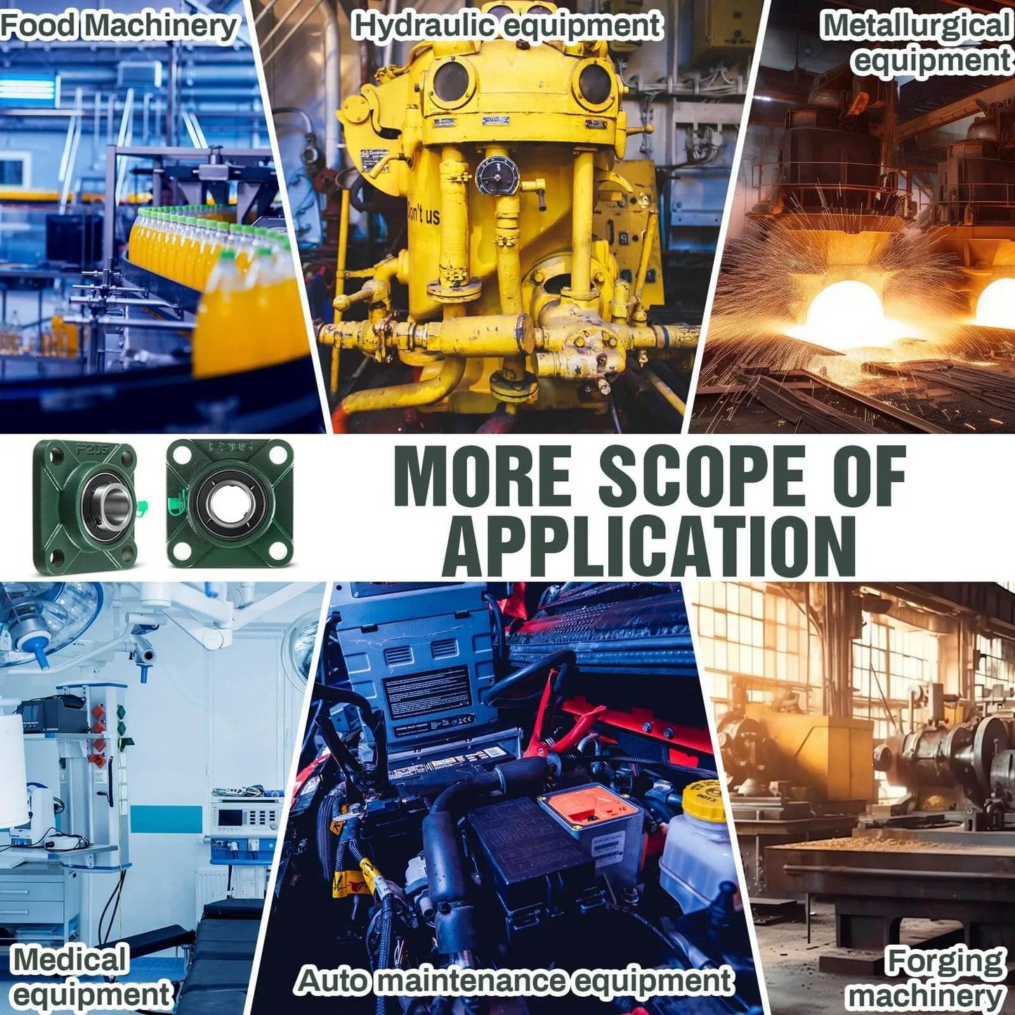 8 Pcs UCF205-16 Pillow Block Bearing with 1" Bore Flange Mounted Pillow Block Ball Bearing Self Alignment Cast Iron Housing Steel Unit for Industry, Green, with various machinery applications shown.