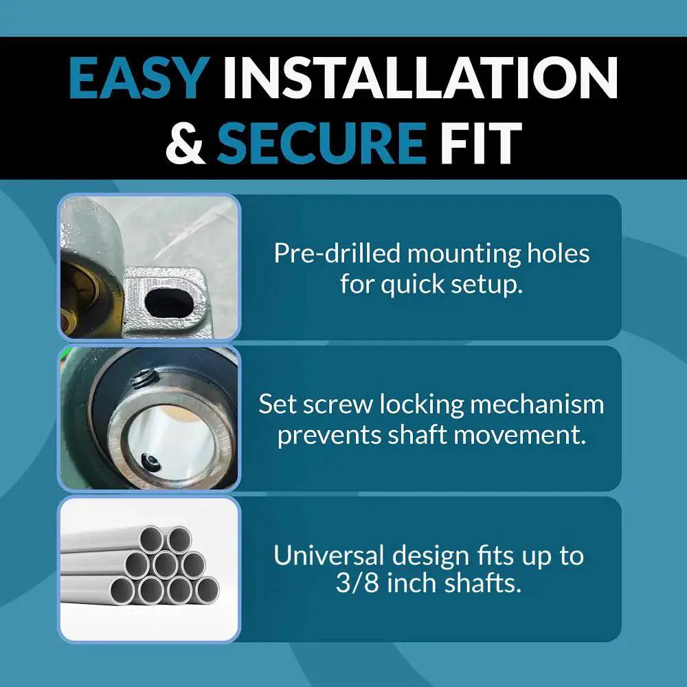 Features of Self Aligning Pillow Block Bearing Set 4 Pack UCP20412: pre-drilled holes, set screw lock, fits 3/8 inch shafts.