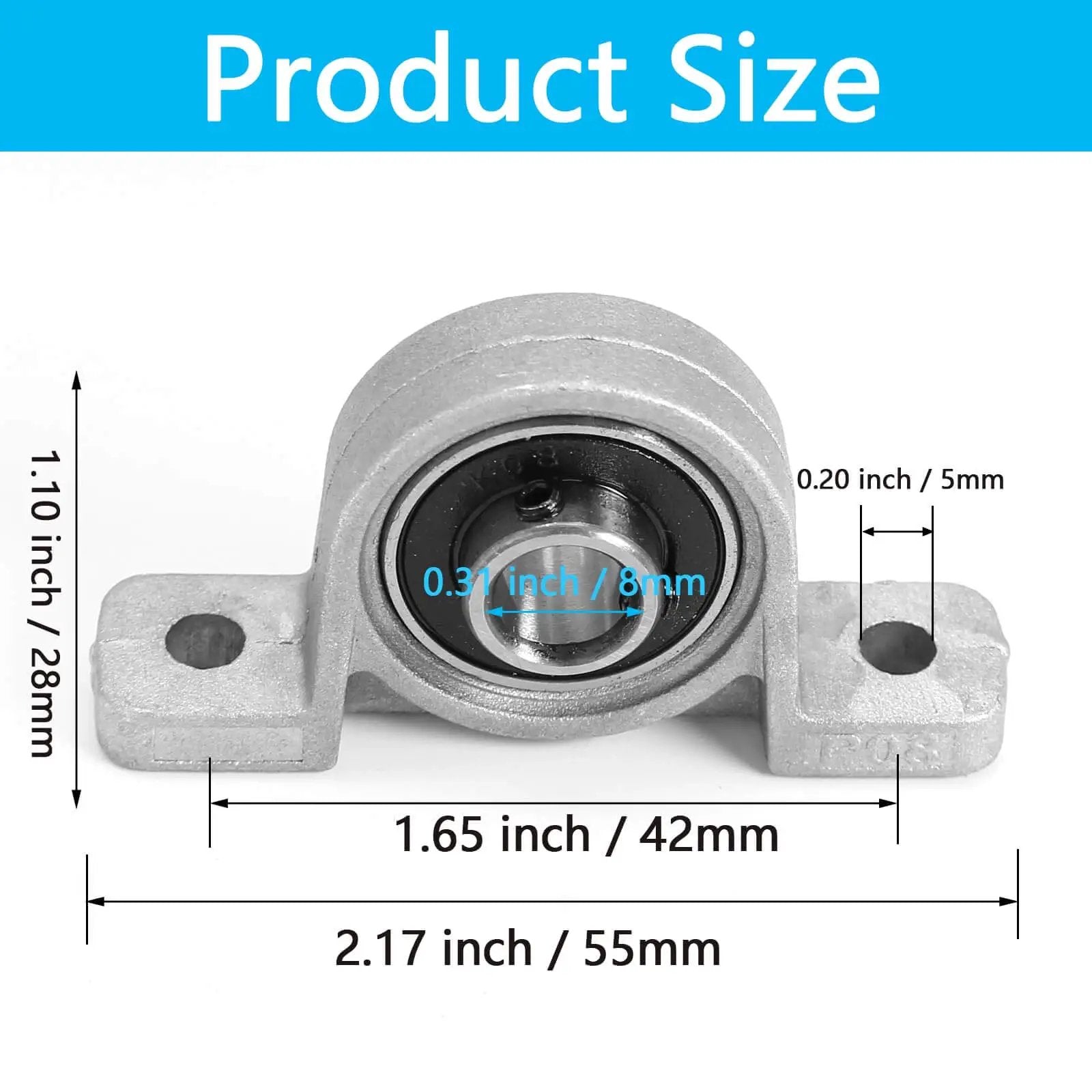 Front view of Pillow Block Bearing KP08 Self Aligning Aluminum 8mm Bore Flange Mounted Bearing Pack Of 4 For Machines With 55mm Length 28mm Width.
