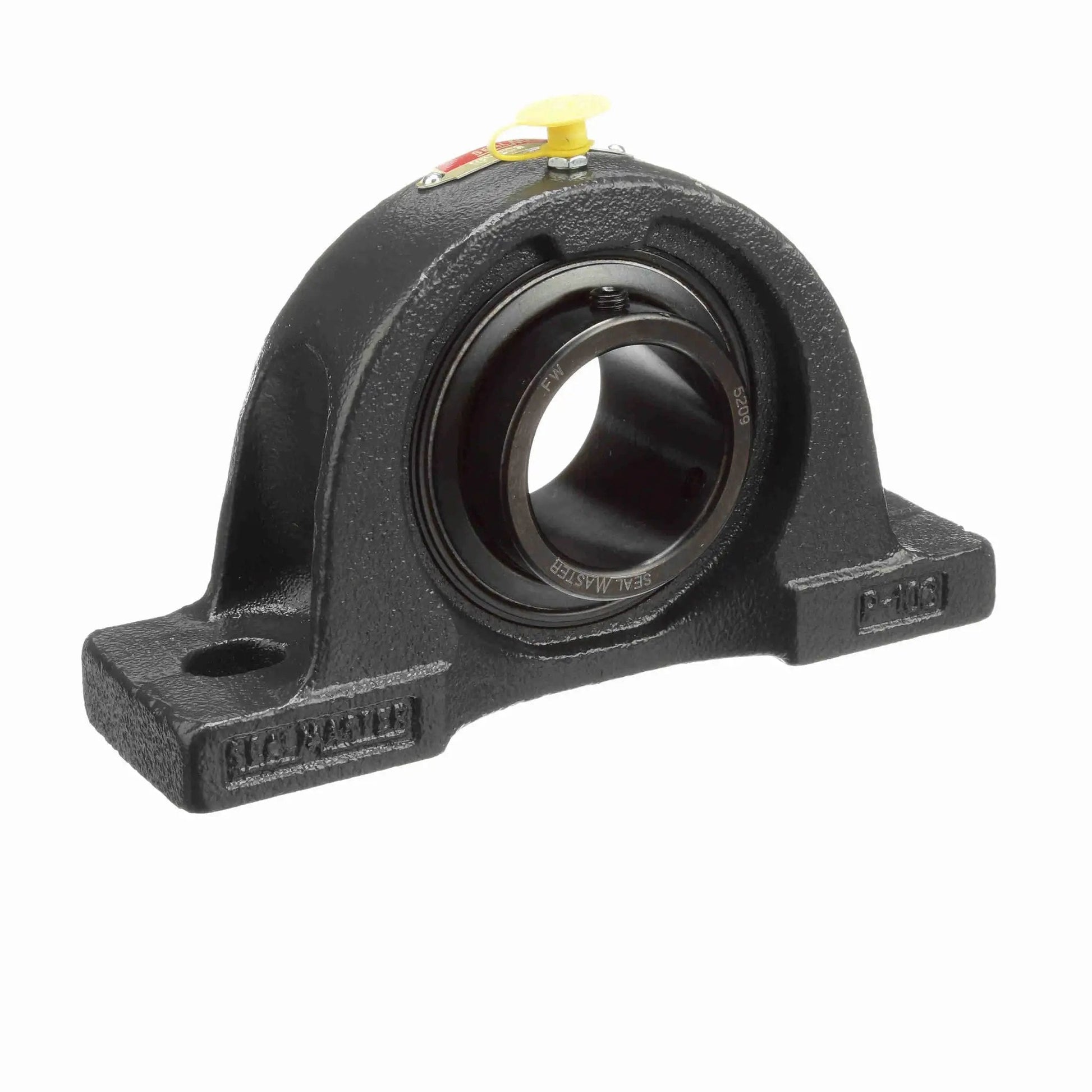 Front view of Mounted Cast Iron Two Bolt Pillow Block Ball Bearing NP 209 With Setscrew Lock From Sealmaster Solid One Piece Housing