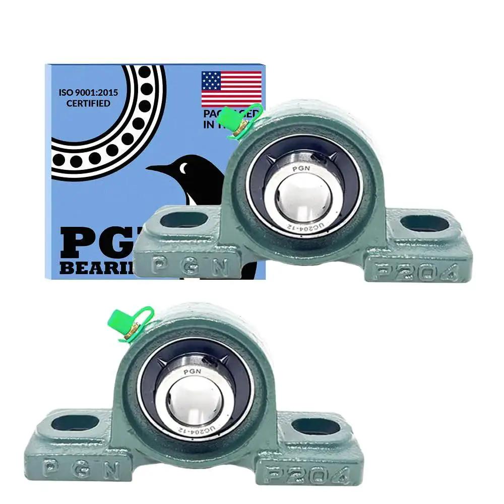 UCP204 12 PGN Pillow Block Bearing Pack Of 2, chrome steel, three-quarter bore, shown with packaging and US certification mark