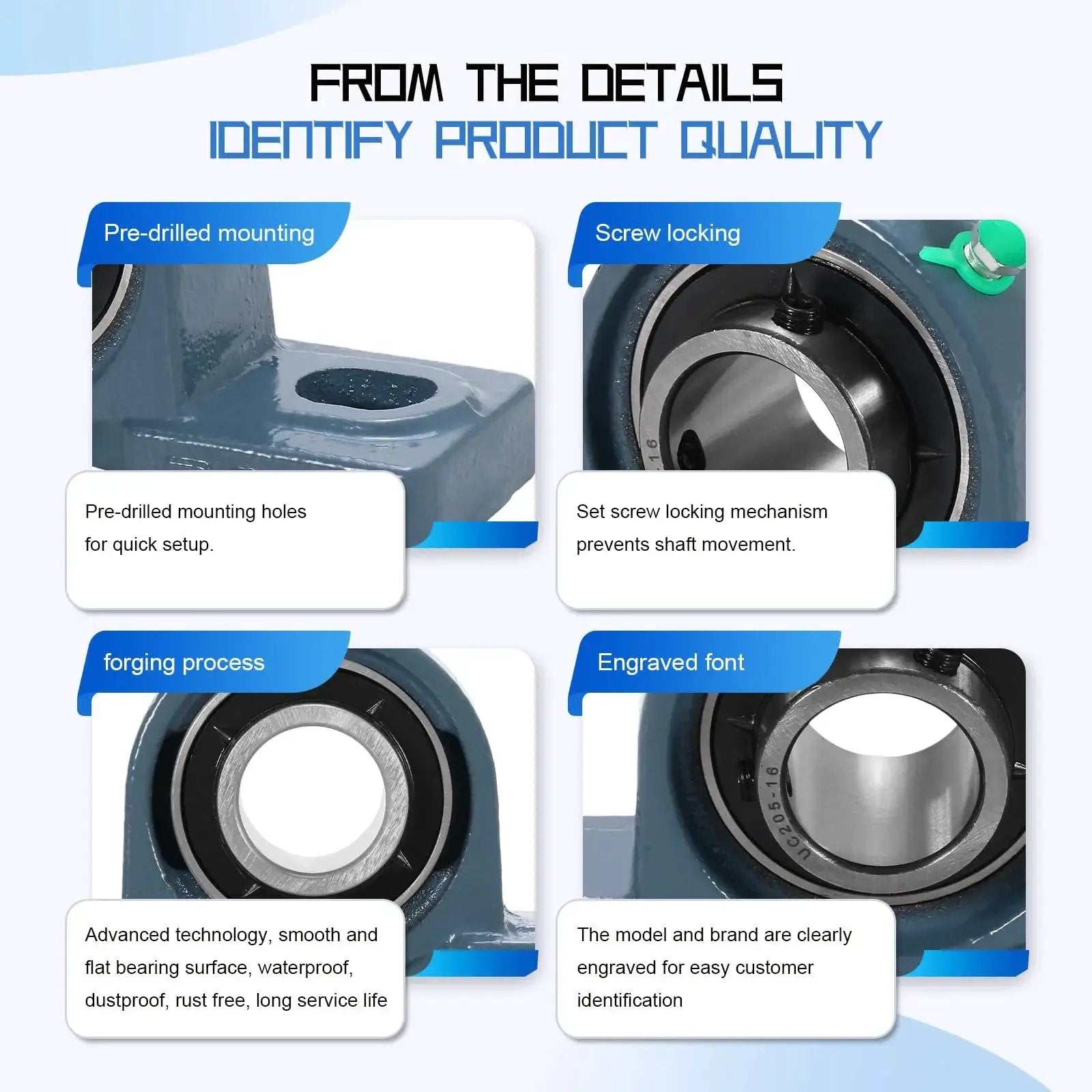 Close-up details of Two Pack UCP205-16 Mounted Pillow Block Bearing Set components focusing on pre-drilled mounting, screw locking, and engraving.