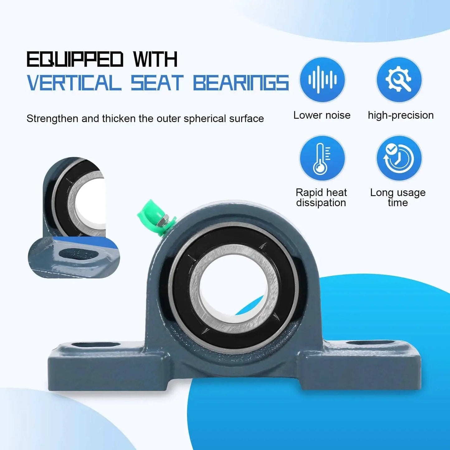 Two Pack UCP205-16 Mounted Pillow Block Bearing Set, 1 Inch Shafts, showing close-up of chrome steel bearing with vertical seat