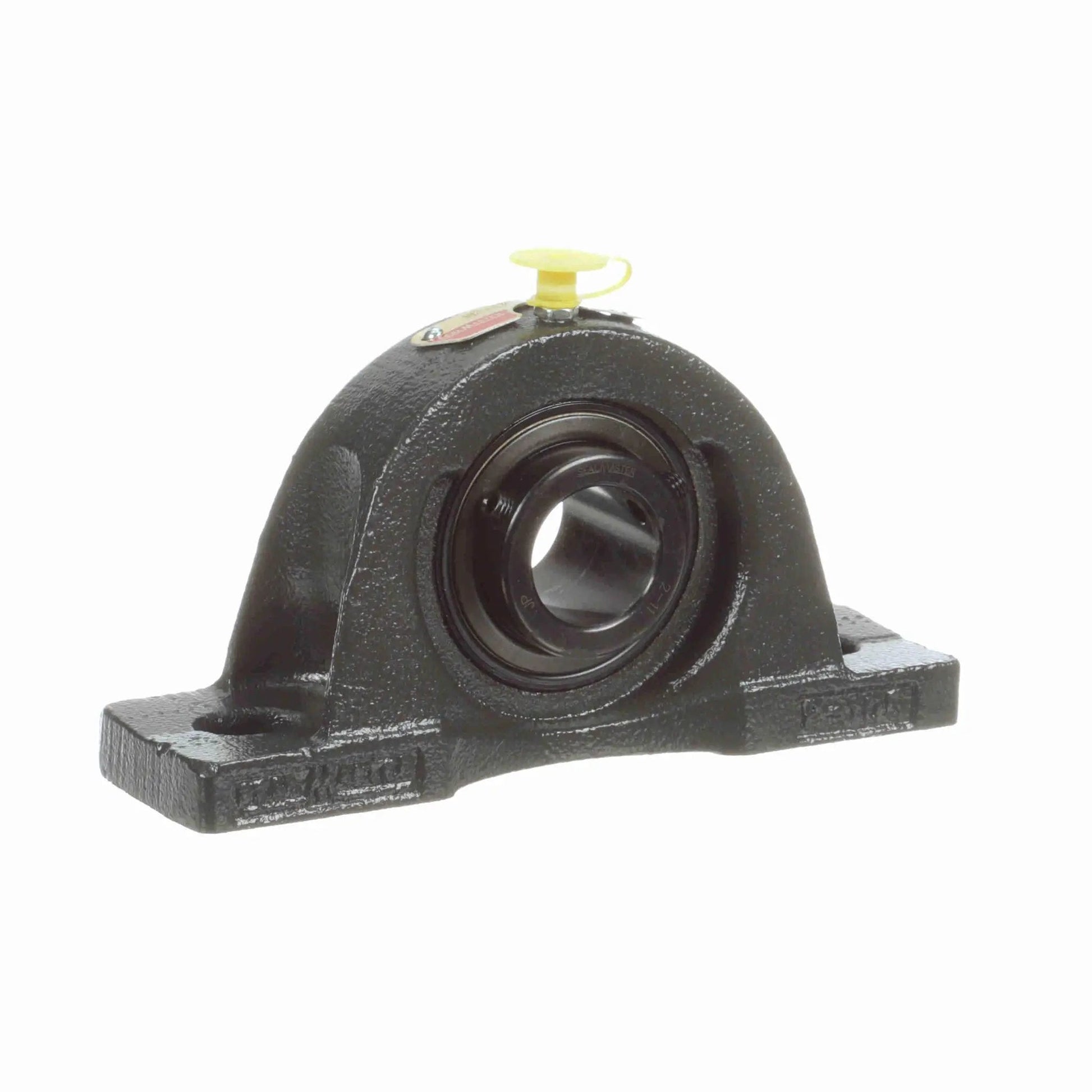 Front view of Two Bolt Pillow Block Mounted Cast Iron Bearing NP 17 With Setscrew Lock Black Oxide Finish For Medium Duty Industrial Machinery Sealmaster Brand Ideal For Mounting On Rails Or Base To Support Conveyors And Machinery