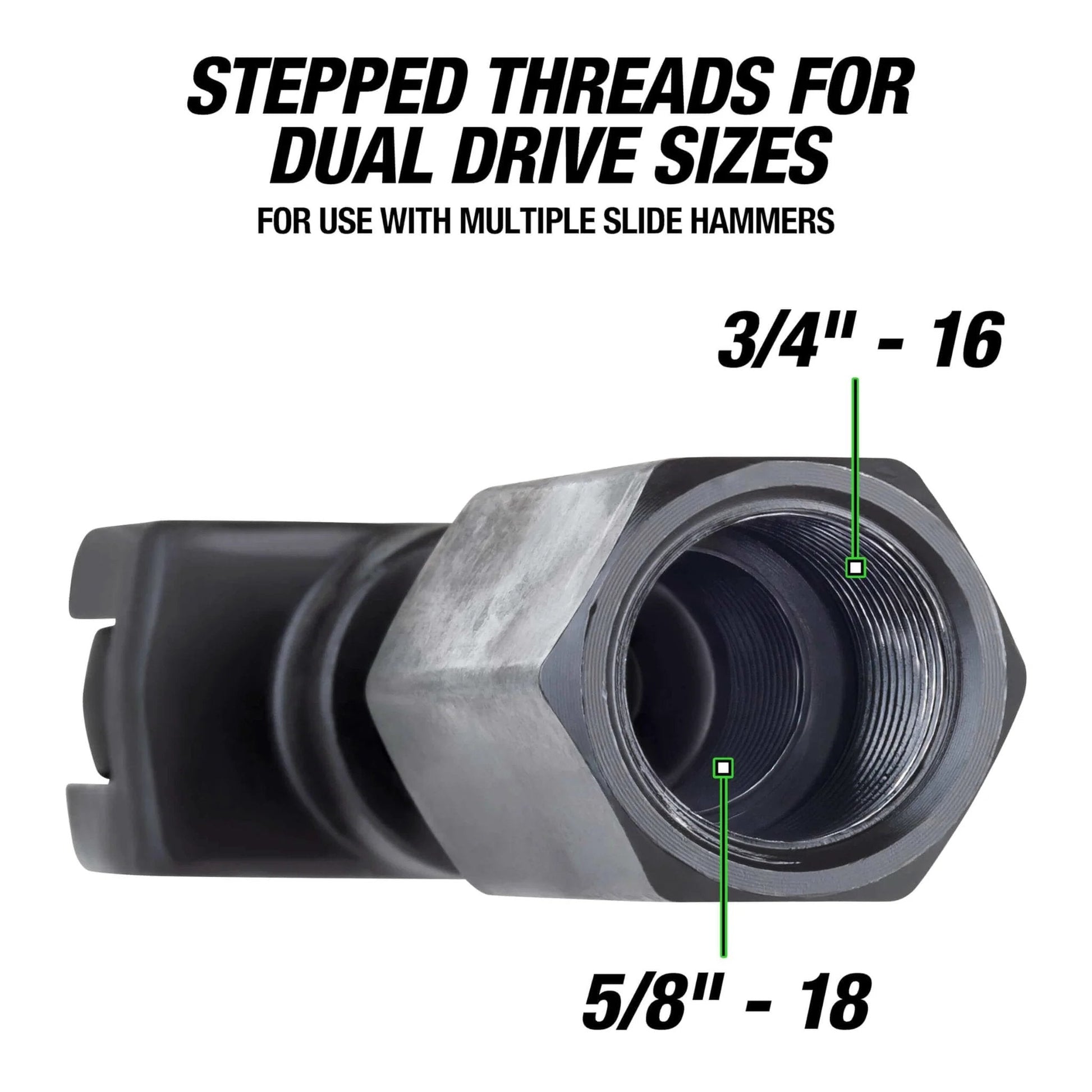 Close-up of Pilot Bearing Puller Attachment For Slide Hammer, showing dual thread sizes 3/4 x 16 and 5/8 x 18, with hexagonal body.