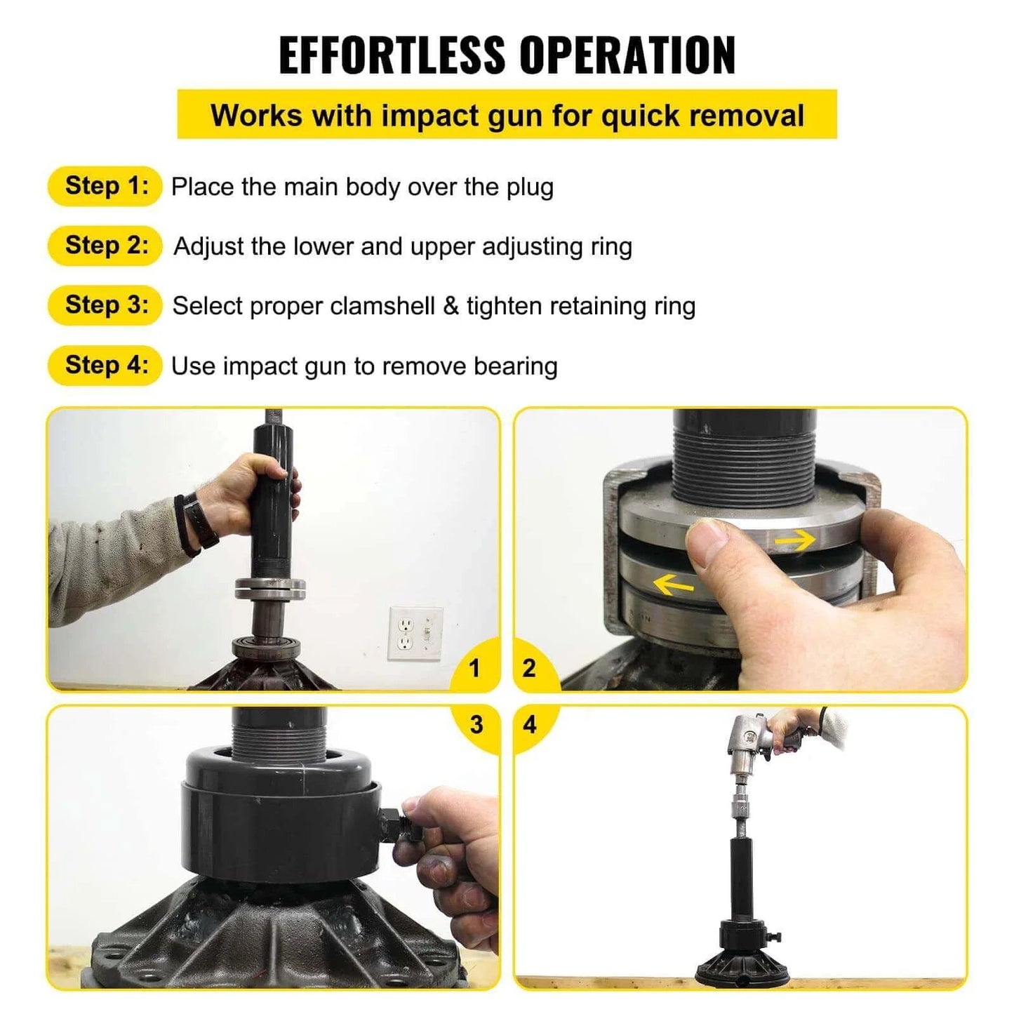 Guide to using Carrier & Pinion Bearing Puller, Compatible with Dana 30-80, Ford 10.25" Bearings, four-step impact gun operation