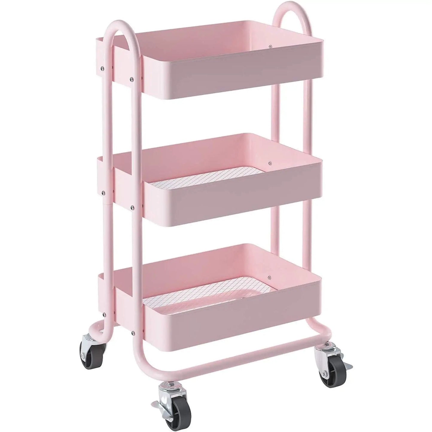 Pink 3 Tier Utility Rolling Cart On Wheels For Kitchen Office Home And Garden Elitehouse Metal Storage Cart with locking wheels