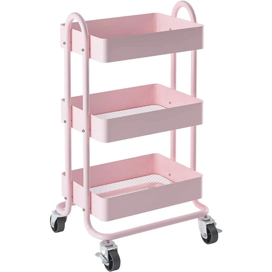Pink 3 Tier Utility Rolling Cart On Wheels For Kitchen Office Home And Garden Elitehouse Metal Storage Cart with locking wheels