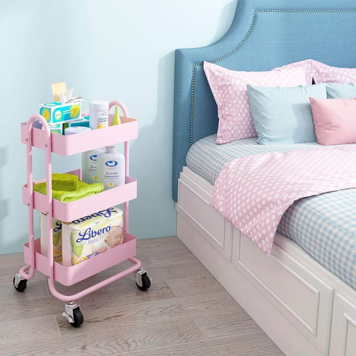 Pink 3 Tier Utility Rolling Cart On Wheels For Kitchen Office Home And Garden Elitehouse Metal Storage Cart With Locking Wheels Durable Mobile Organizer 13.4 By 18.1 By 31 Inches near bed